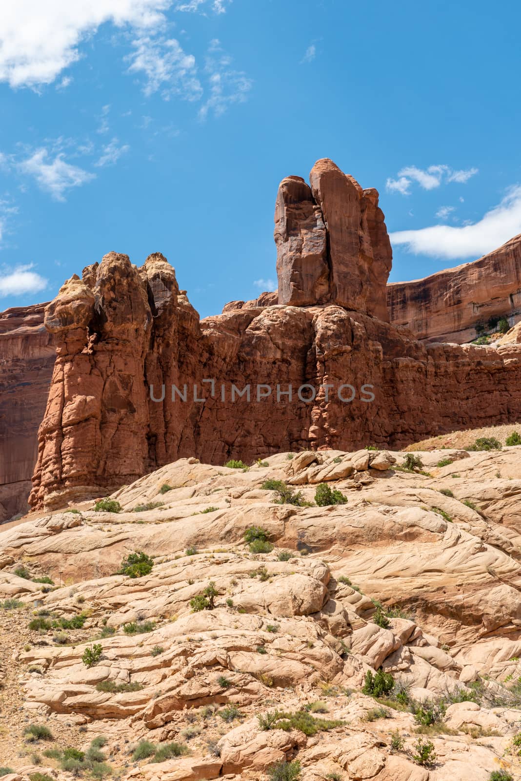 Sandstone formations at the entrance of Arches National Park, Utah