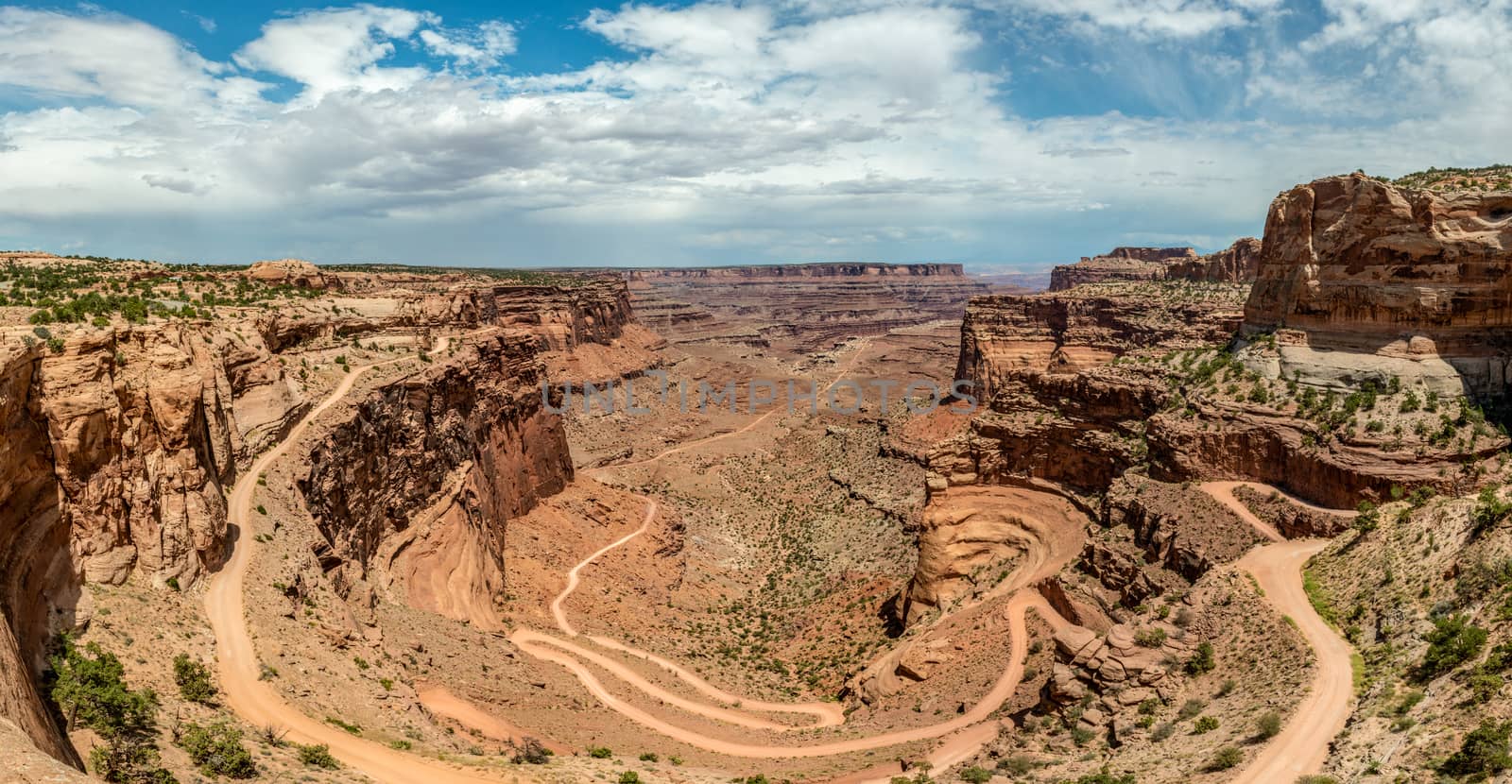 Panorama of Shafer Canyon Road in Canyonlands National Park, Utah