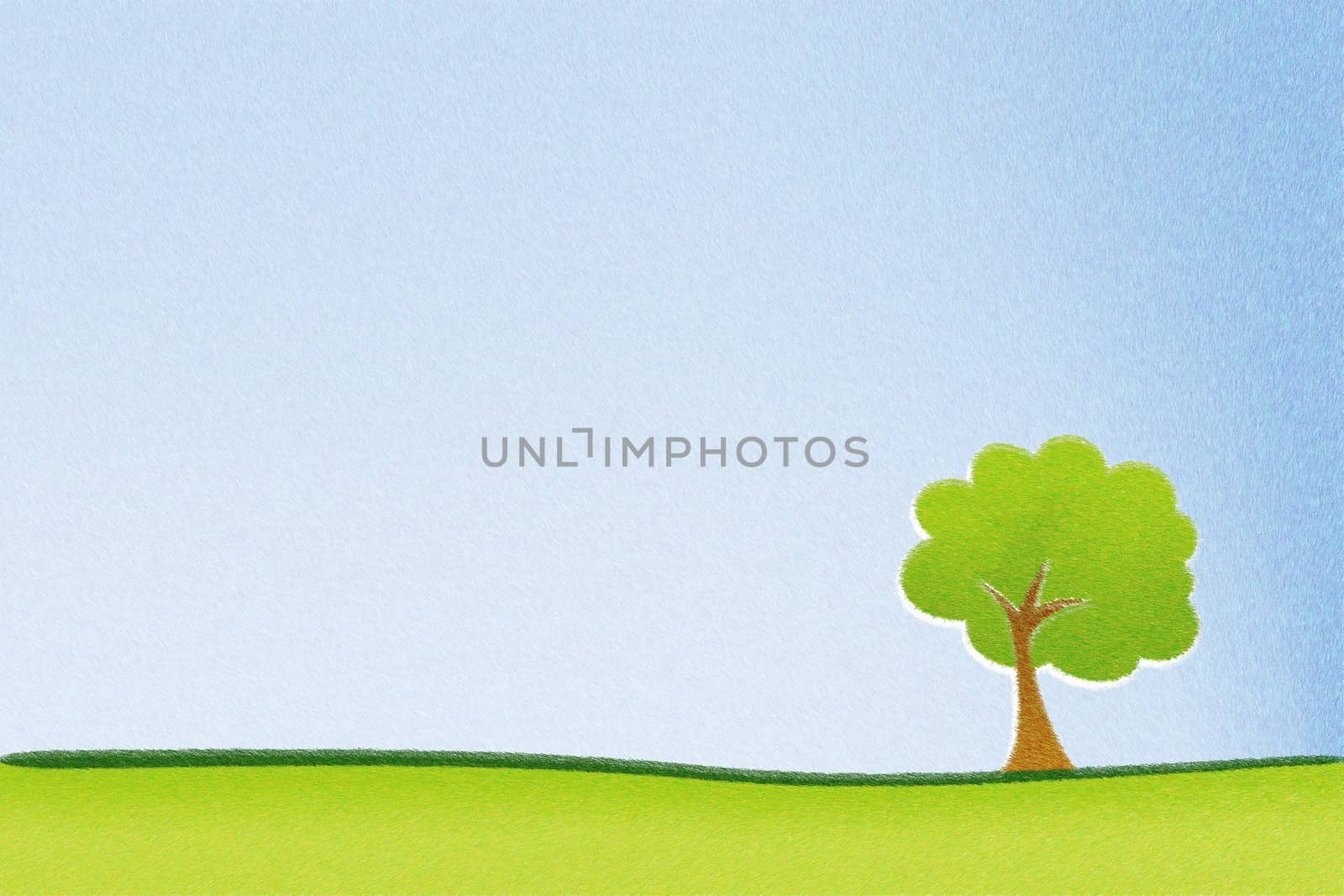 Crayon drawing single trees with blue sky background