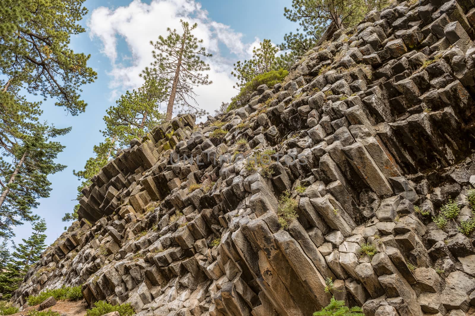 Hexagon basaltic columns of Devils Postpile National Monument in Inyo National Forest, Ansel Adams Wilderness by Njean