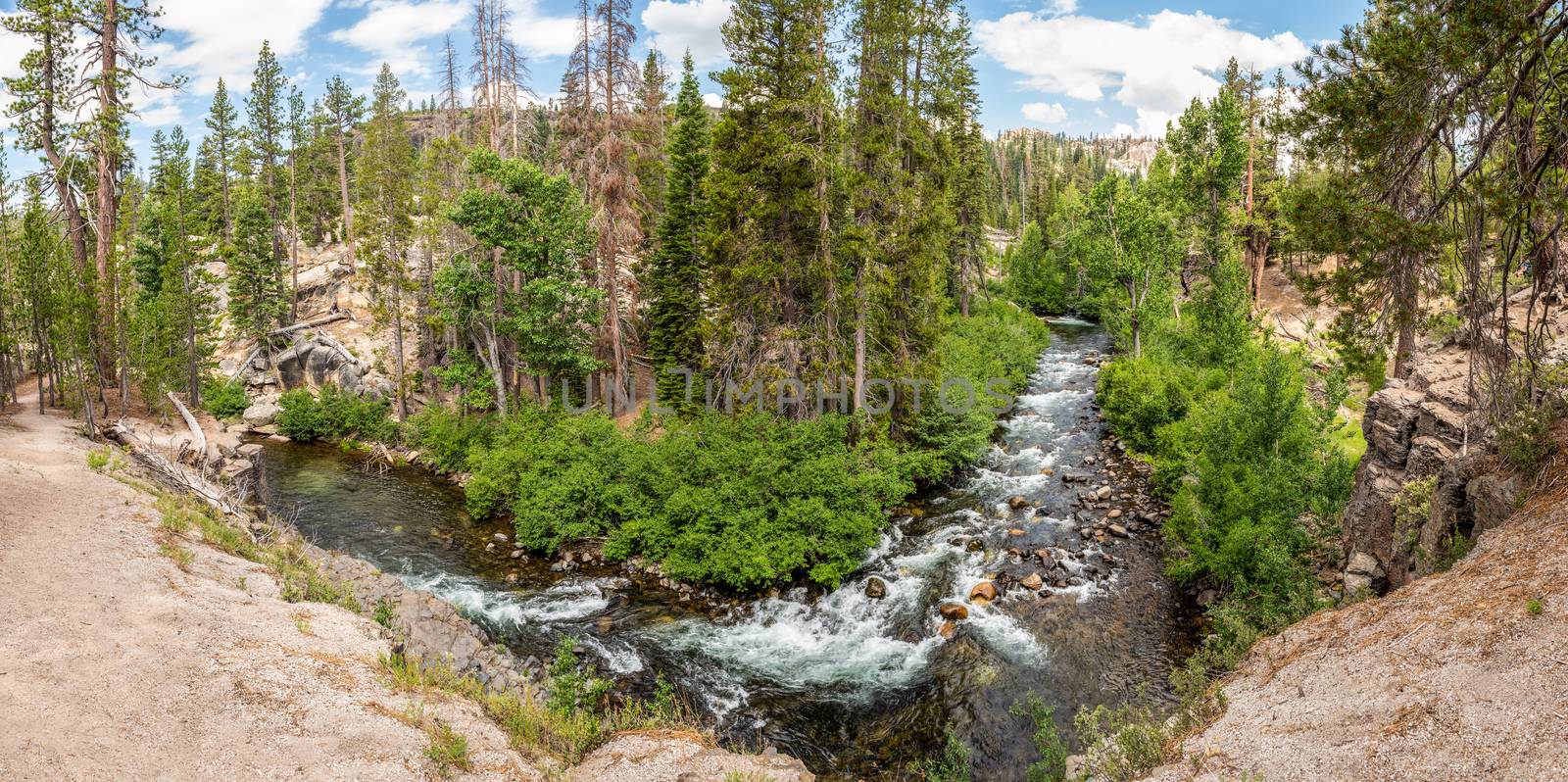 Panorama of Middle Fork San Joaquin River within Devils Postpile National Monument, Inyo National Forest, Ansel Adams Wilderness by Njean