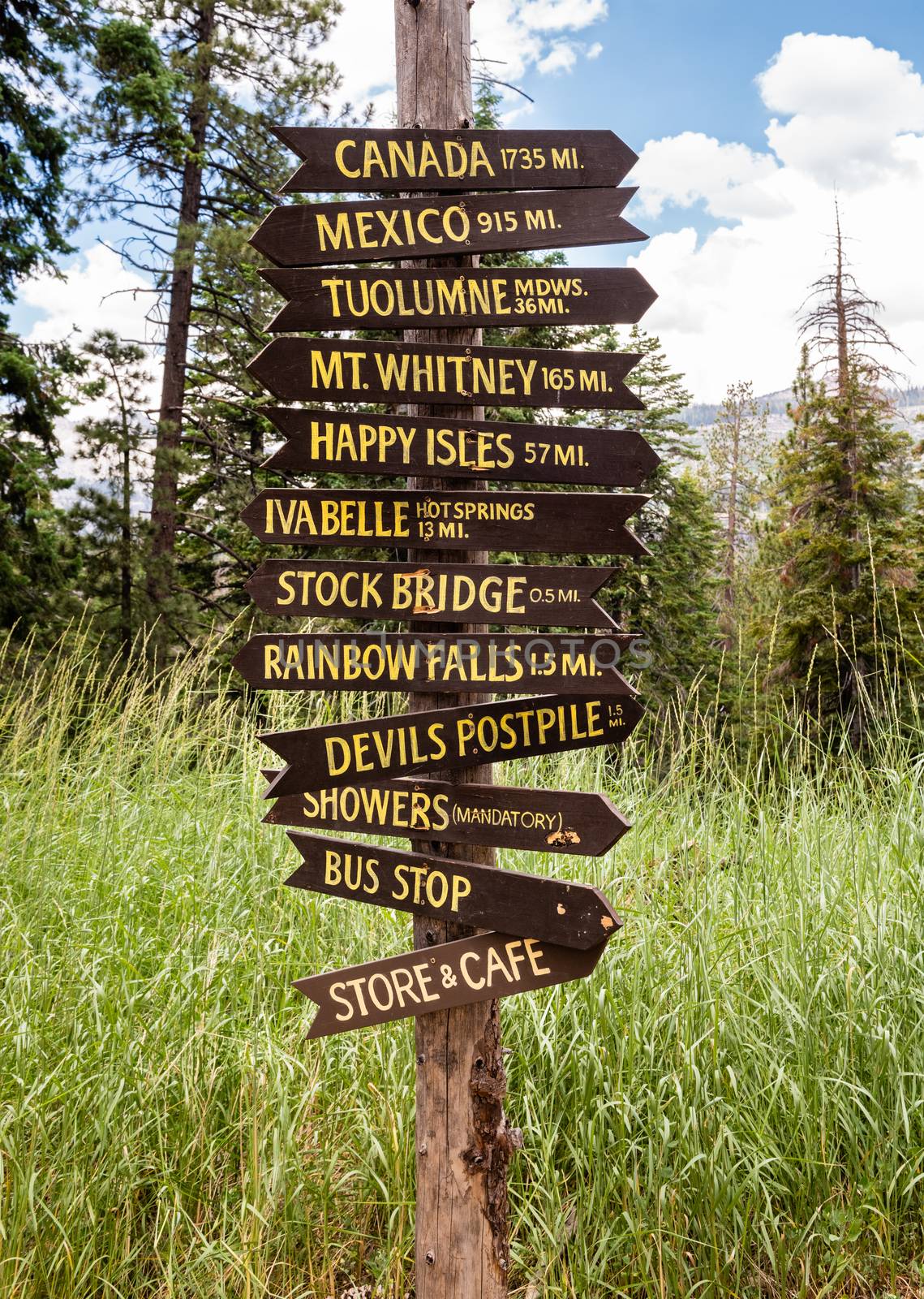 Signpost with distances to various places in Devils Postpile National Monument, California. by Njean