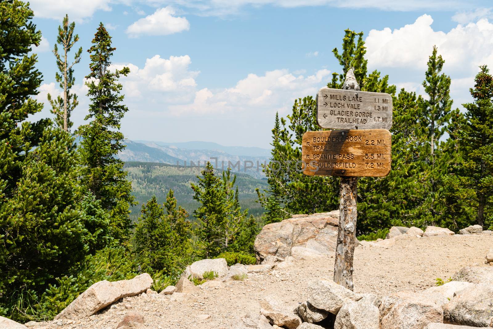 Signpost along Glacier Creek Trail in Rocky Mountain National Park, Colorado by Njean