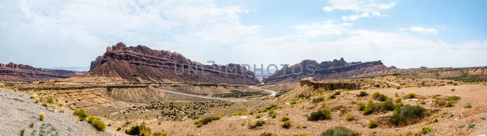 Panorama looking out onto Spotted Wolf Canyon in the San Rafael Swell, Utah