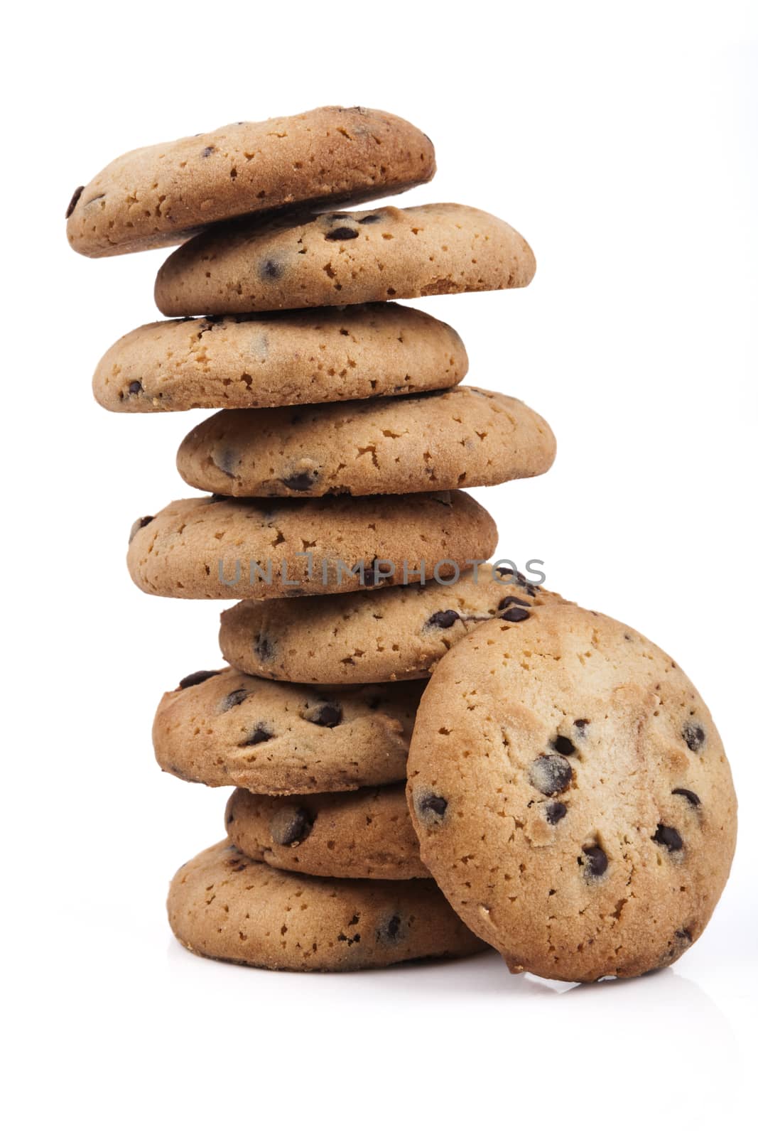 Tower of chocolate chip cookies isolated on white