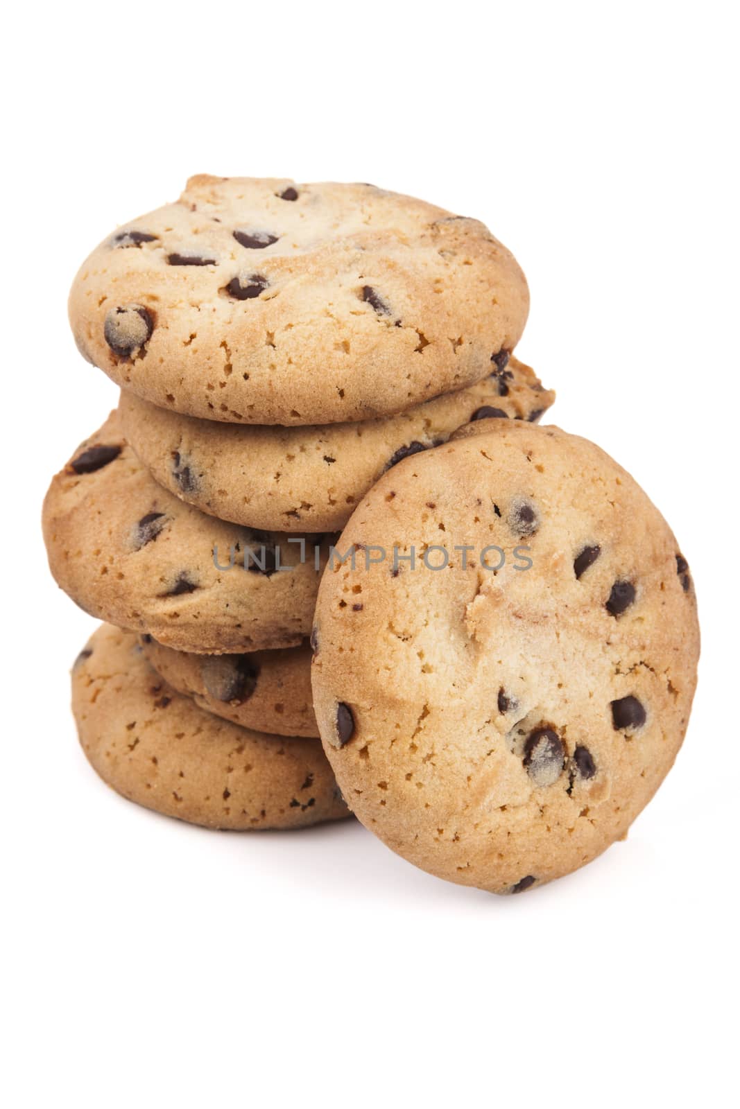 Six chocolate chip cookies isolated on white