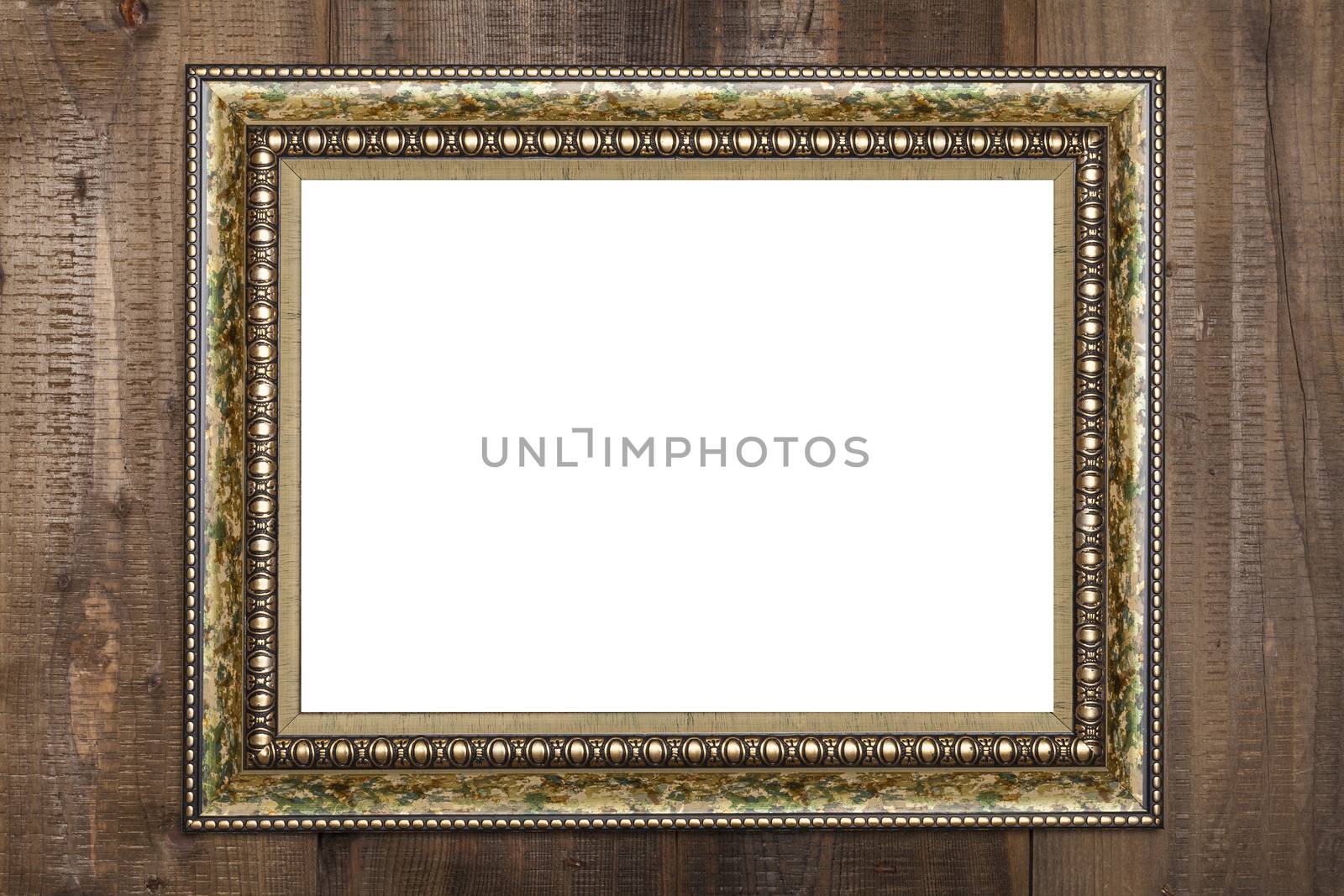 Horizontal Golden Empty Frame on Brown Wood Wall