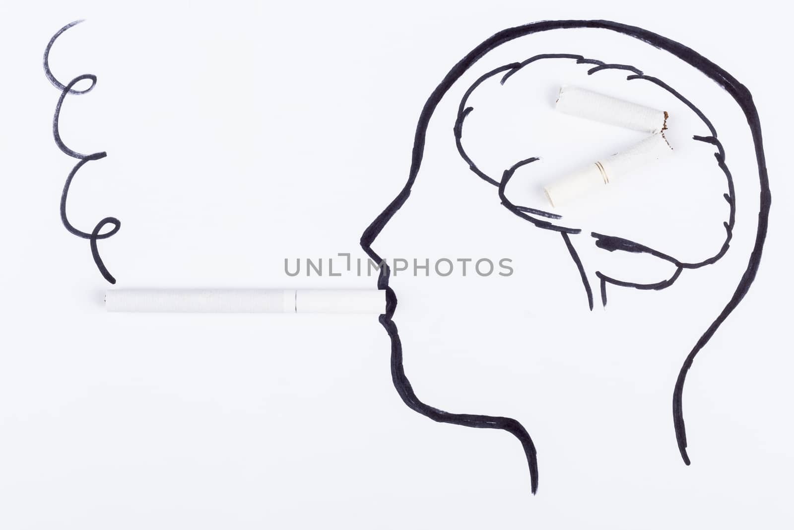 Human head hand drawing with cigarette in the mouth thinking to quit