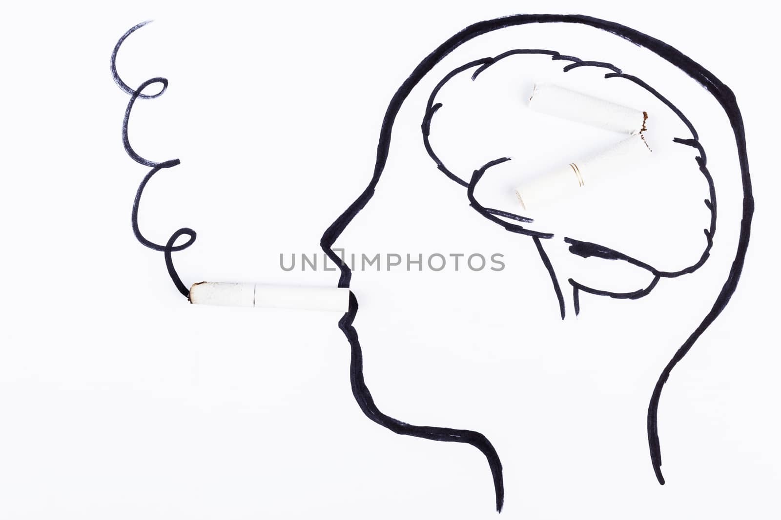 Human head hand drawing with cigarette in the mouth thinking to quit