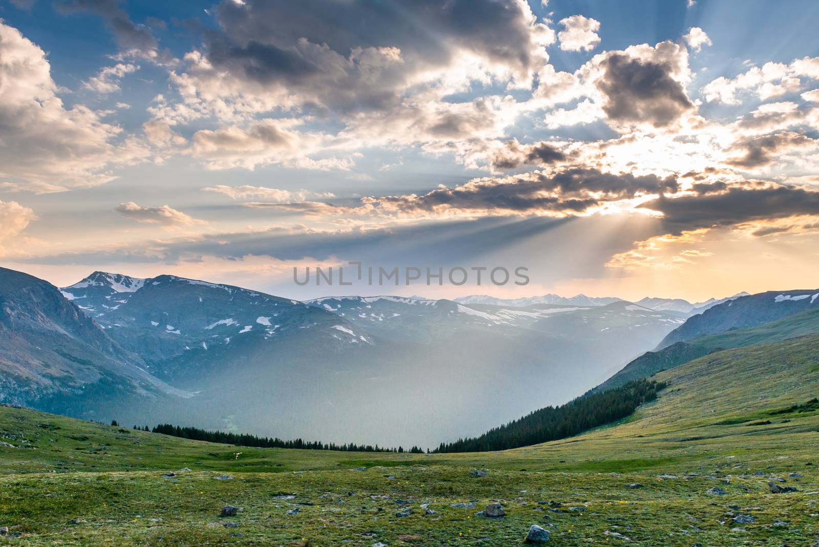 Sunset at the top of Trail Ridge Road to the alpine tundra in Rocky Mountain National Park, Colorado by Njean