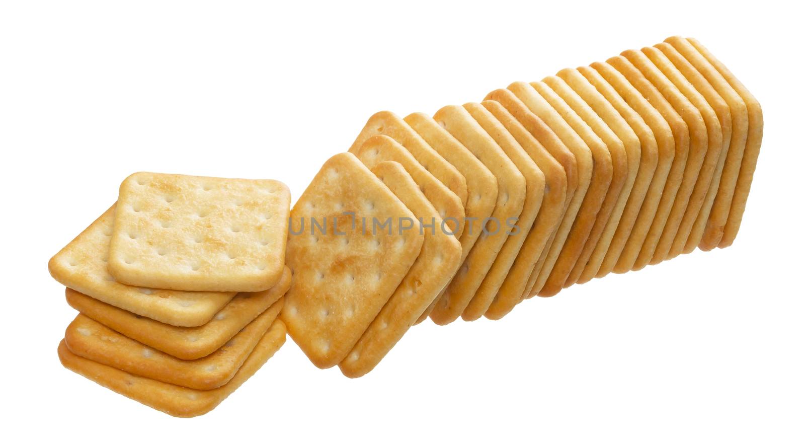 Stack of square crackers isolated on white background. Dry cracker cookies isolated with clipping path