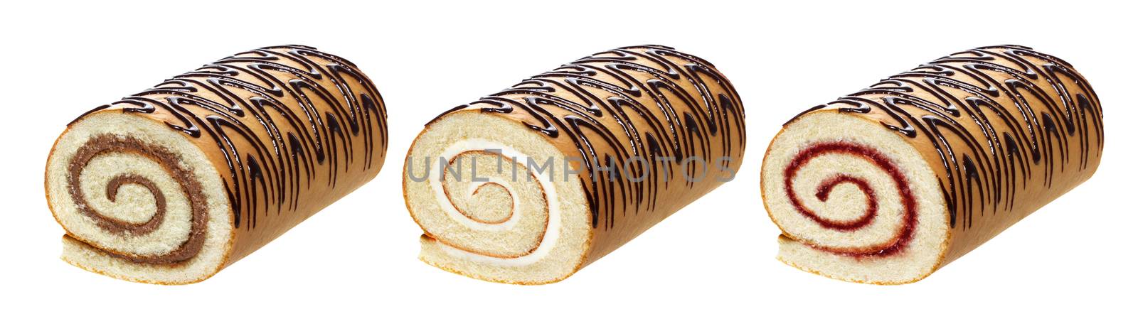 Sponge cake roll isolated on white background, with chocolate, vanilla and berry cream, different swiss rolls collection by xamtiw