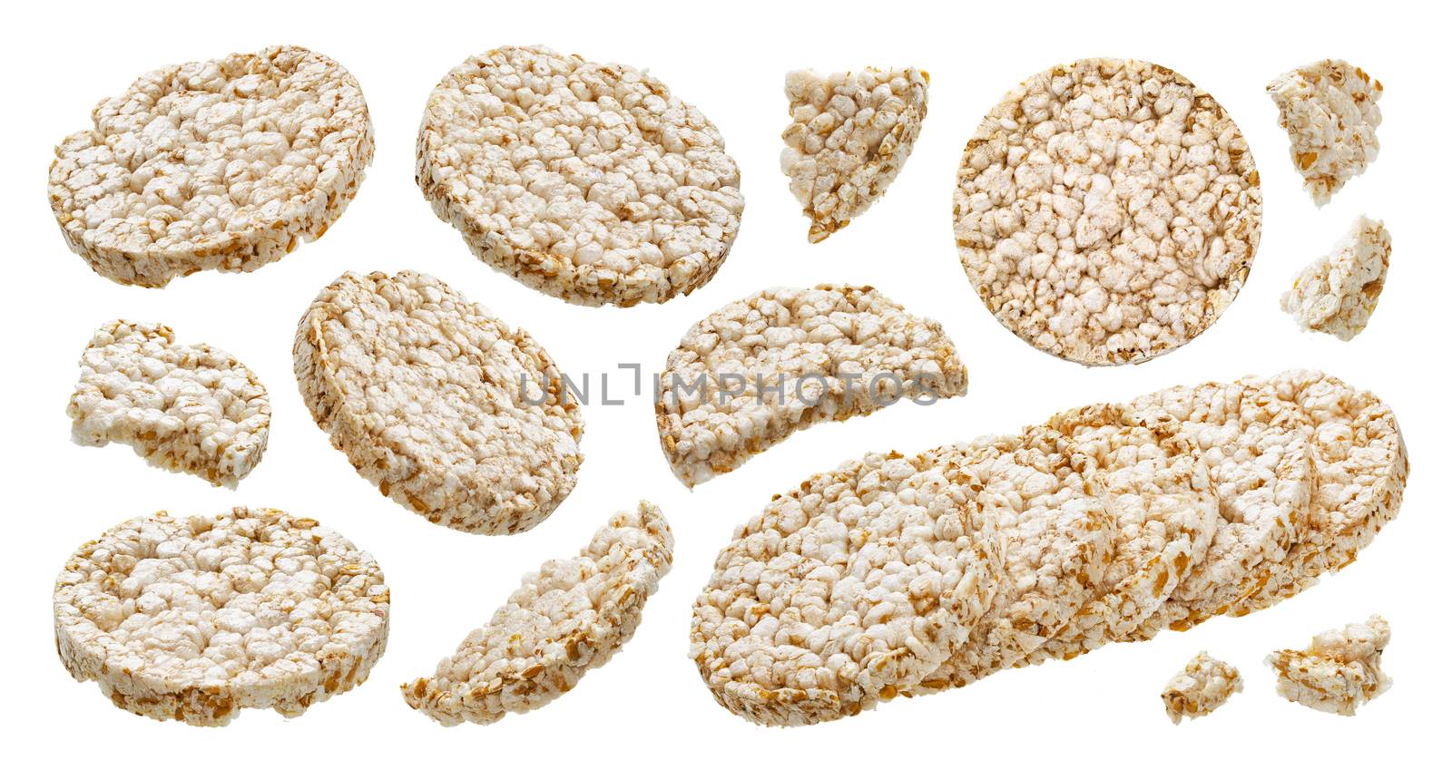 Puffed rice bread isolated on white background, diet crispy round rice waffles by xamtiw
