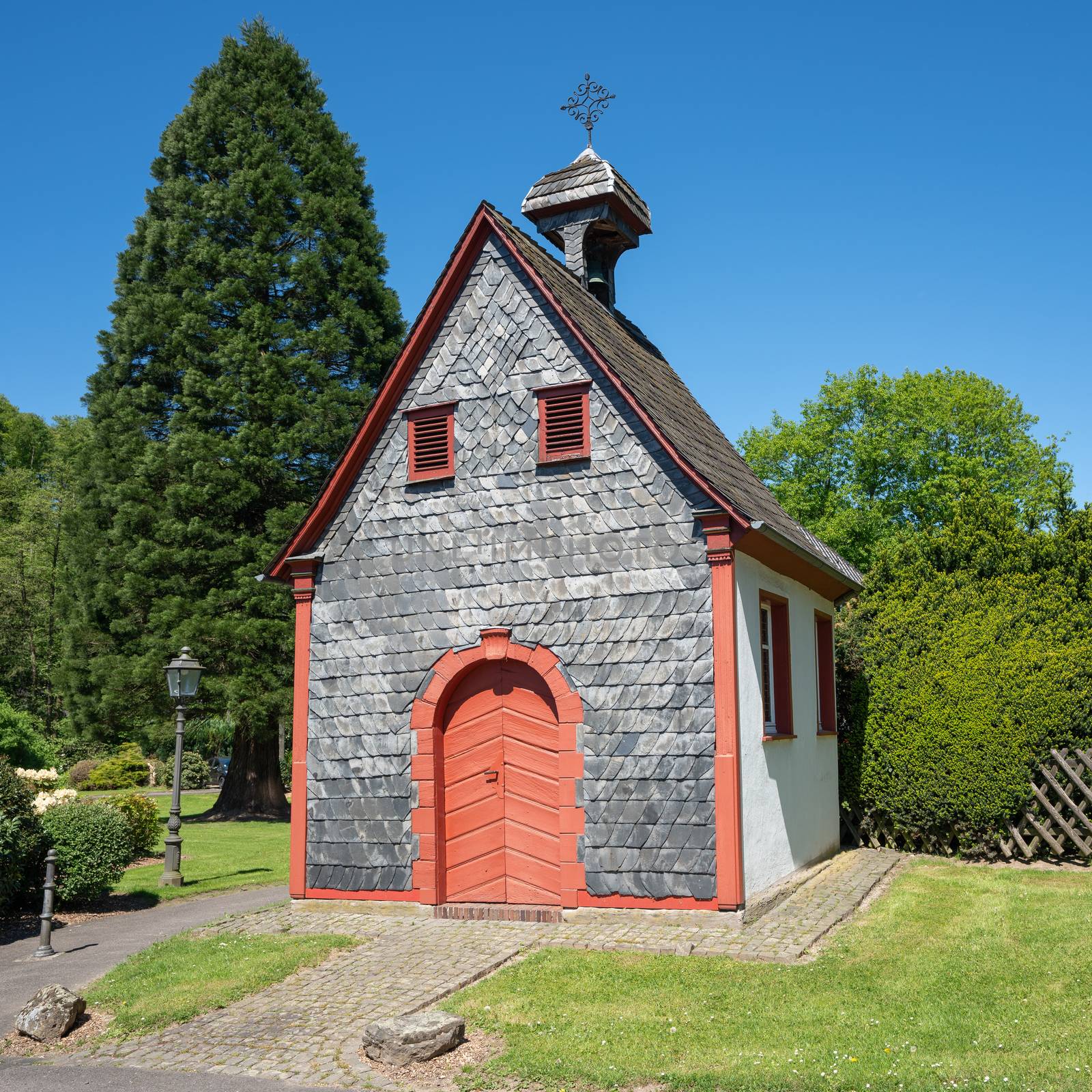 Small old chapel in Odenthal, typical village of the Bergisches Land, Germany