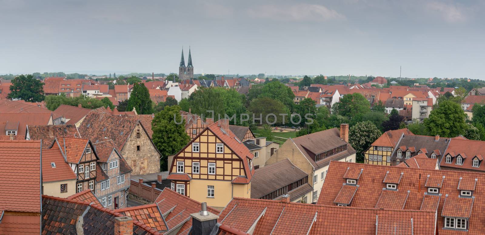 Panoramic view over the Old Town of Quedlinburg, Saxony-Anhalt, Germany, Europe