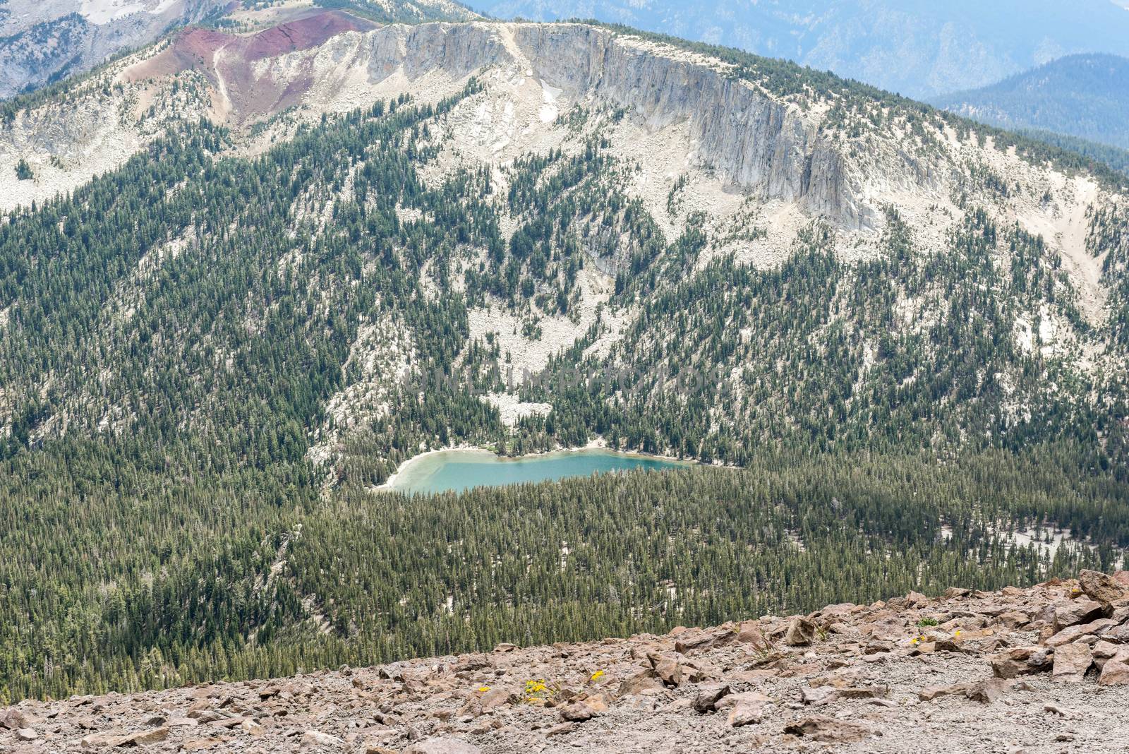 Looking down on a valley with the sub-alpine McLeod Lake from the top of Mammoth Mountain, California
