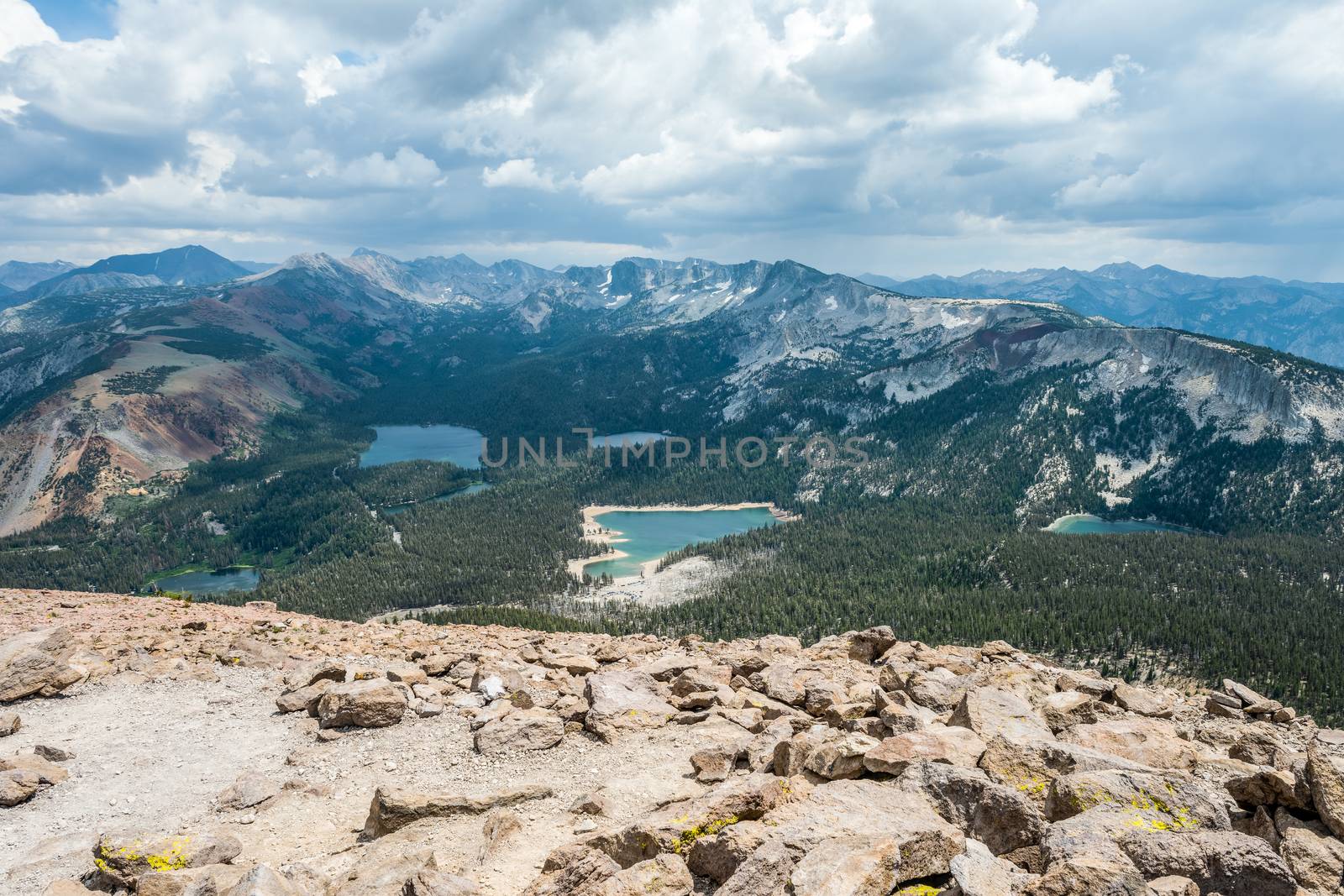 Looking down on a valley with the sub-alpine lakes of Twin, Mamie, Mary, George, and Horseshoe from the top of Mammoth Mountain, California by Njean