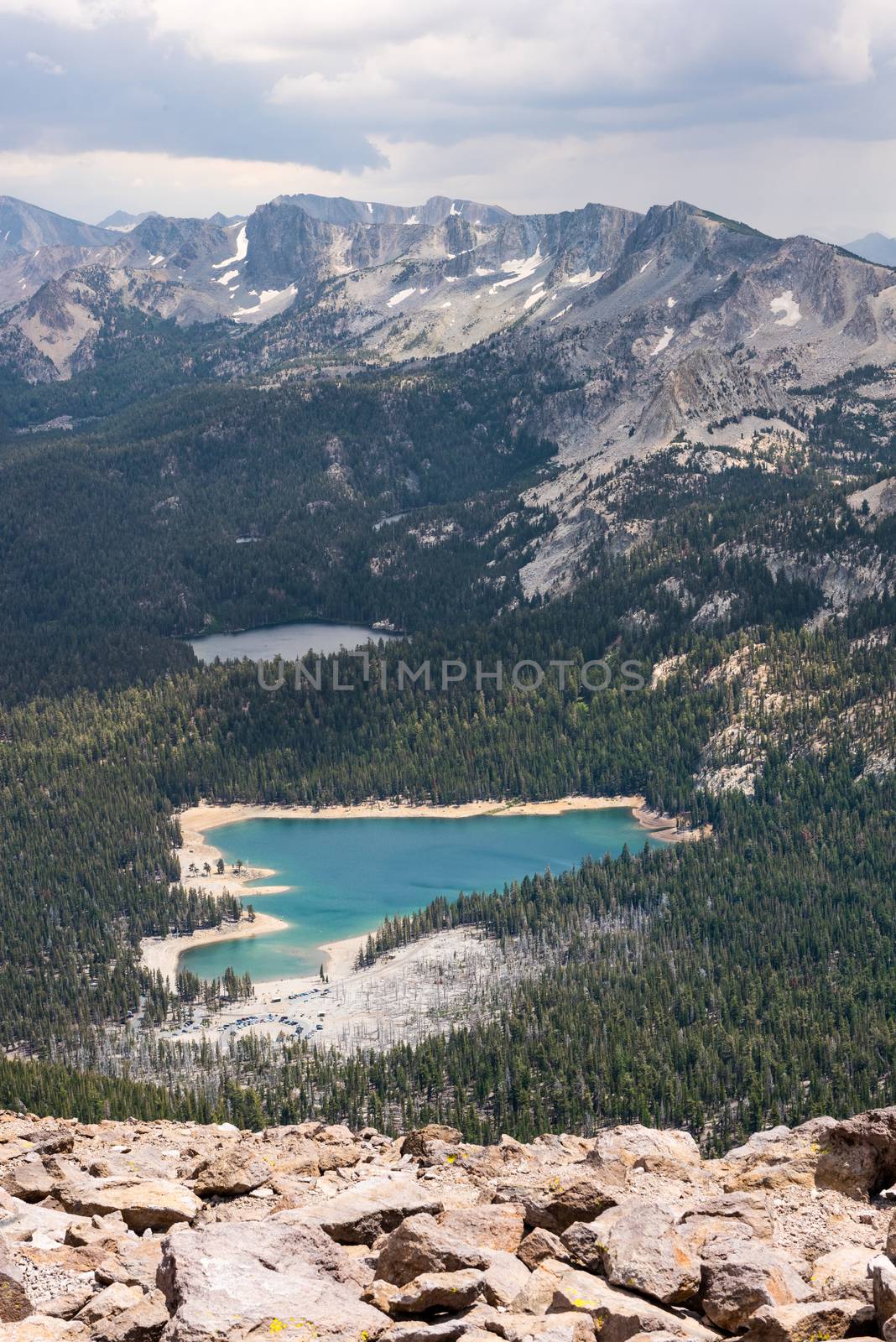 Looking down on a valley with the sub-alpine lakes of Horseshoe and George from the top of Mammoth Mountain, California by Njean