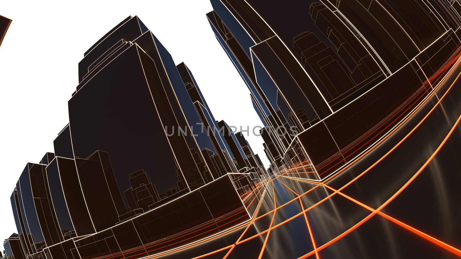 Abstract 3D city with luminous lines and black mirror buildings by cherezoff