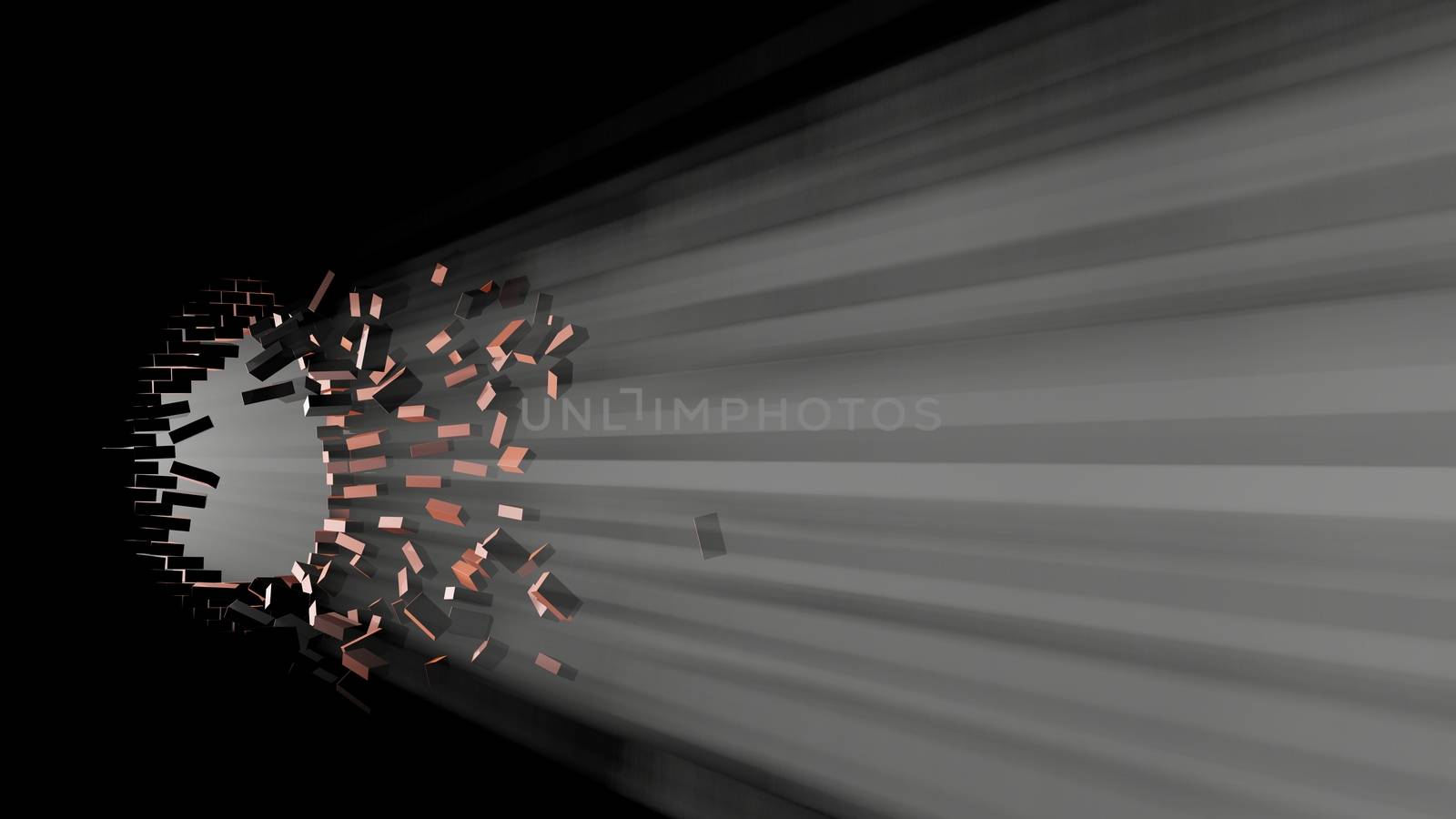 Destruction of a brick wall. Bricks fly out of holes in the wall. Visible light shines through the hole. 3d illustration. The concept of a new, the concept of achieving the goal or success