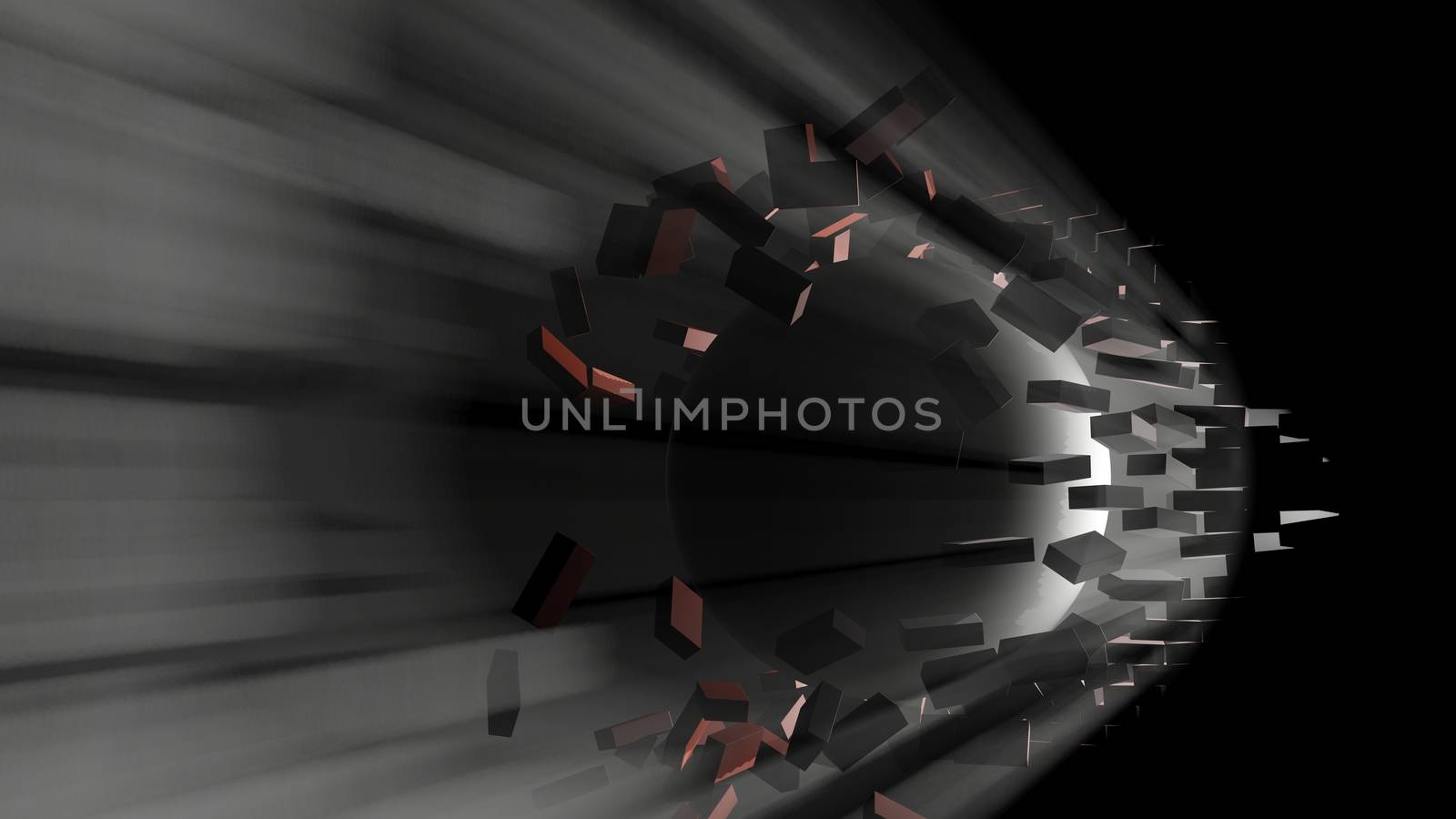 A large black ball smashed a brick wall. Visible light from the hole. 3d illustration. The concept of breaking down barriers, overcoming difficulties and success.