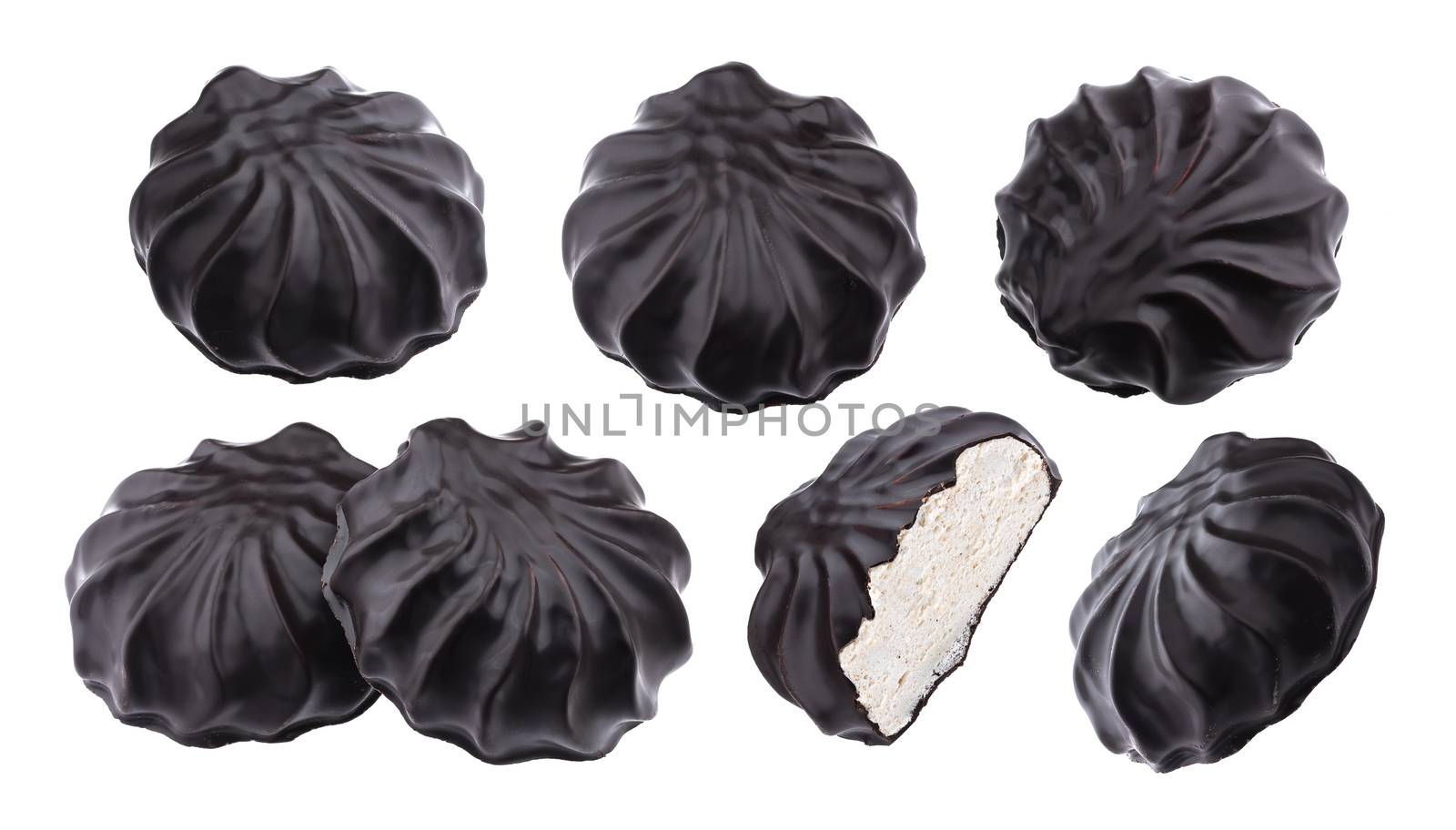 Chocolate covered marshmallows, traditional russian zephyr in chocolate isolated on white background by xamtiw