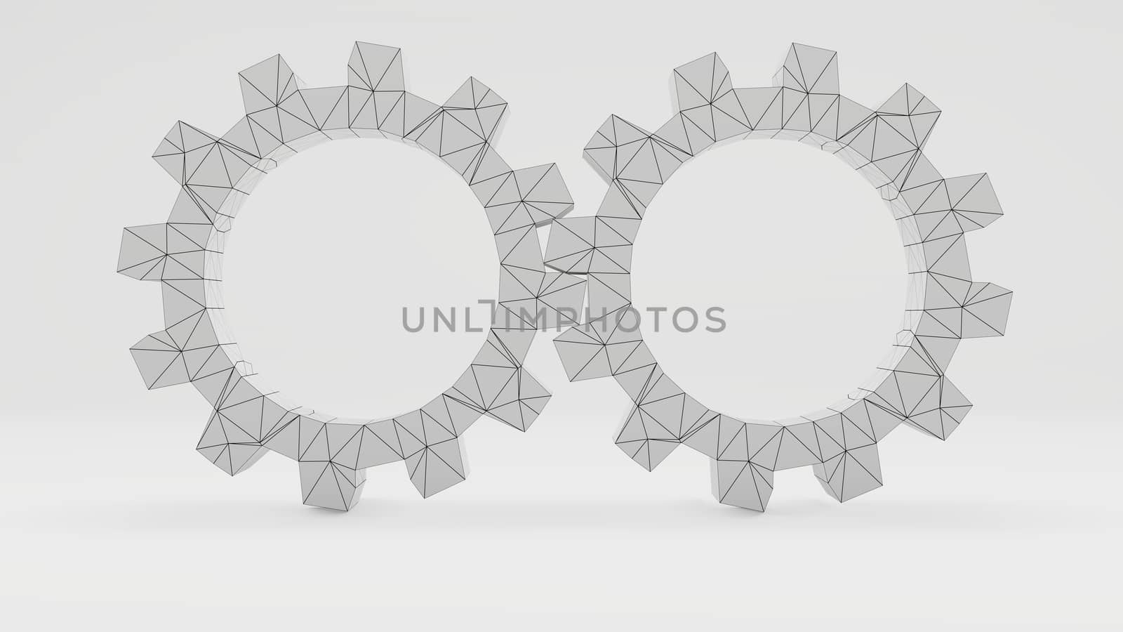 Two 3d gears with a wire-frame texture in a white photo studio. 3d illustration. Concept background for your design