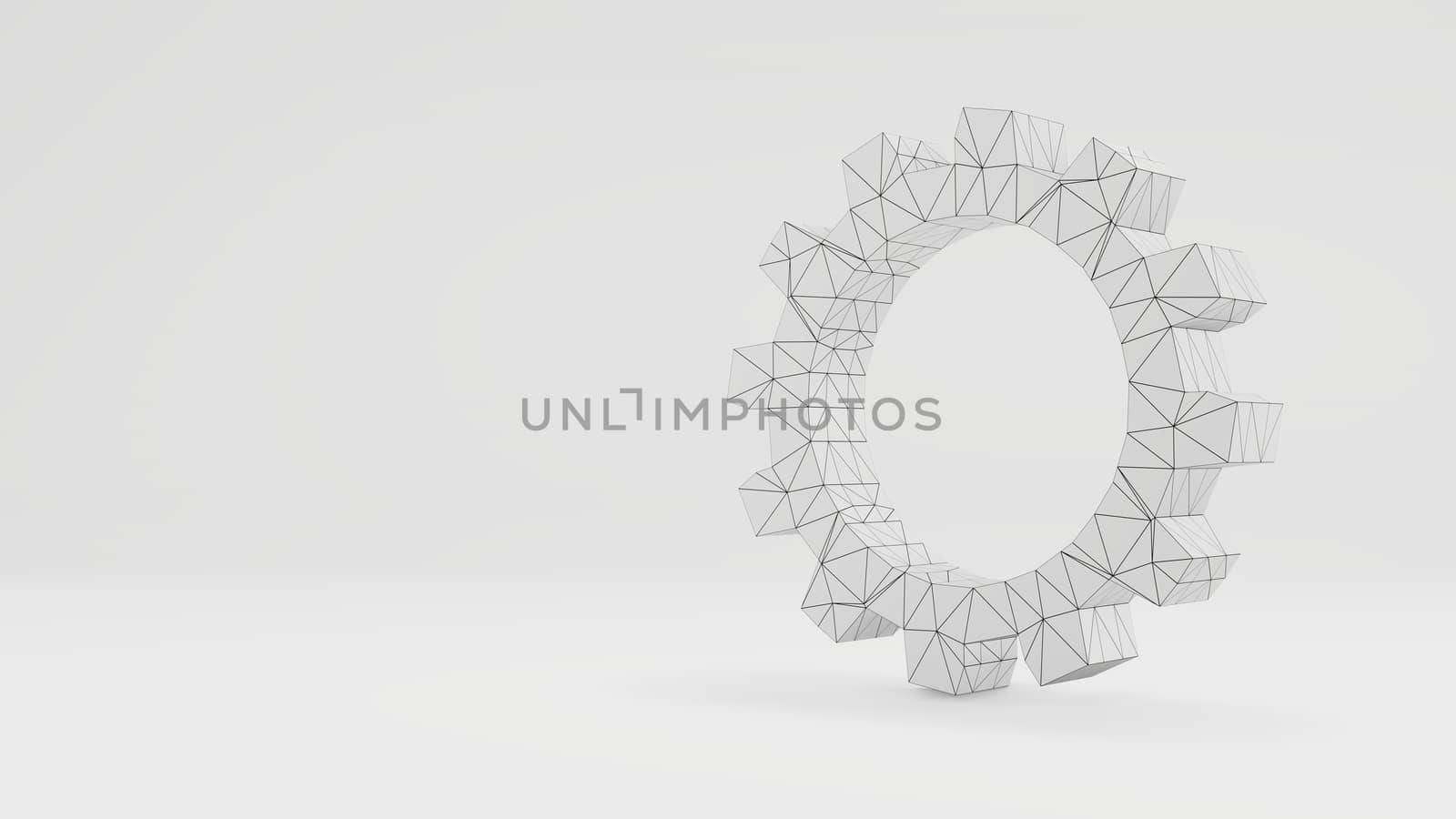 3d gear with a wire-frame texture in a white photo studio. 3d illustration. Concept background for your design