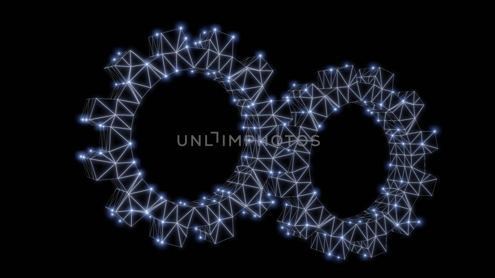 Wire-frame gear with luminous dots. 3d illustration. Abstract background