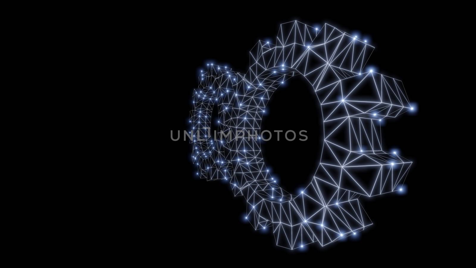 Wire-frame gear with luminous dots. 3d illustration. Abstract background