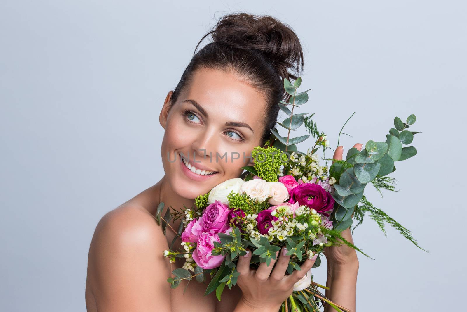 Beautiful woman with bouquet of flowers gift for valentines day