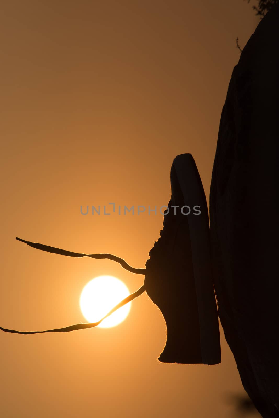 Brown shoe with levitating shoelace on sunset background on top of the Mountain.