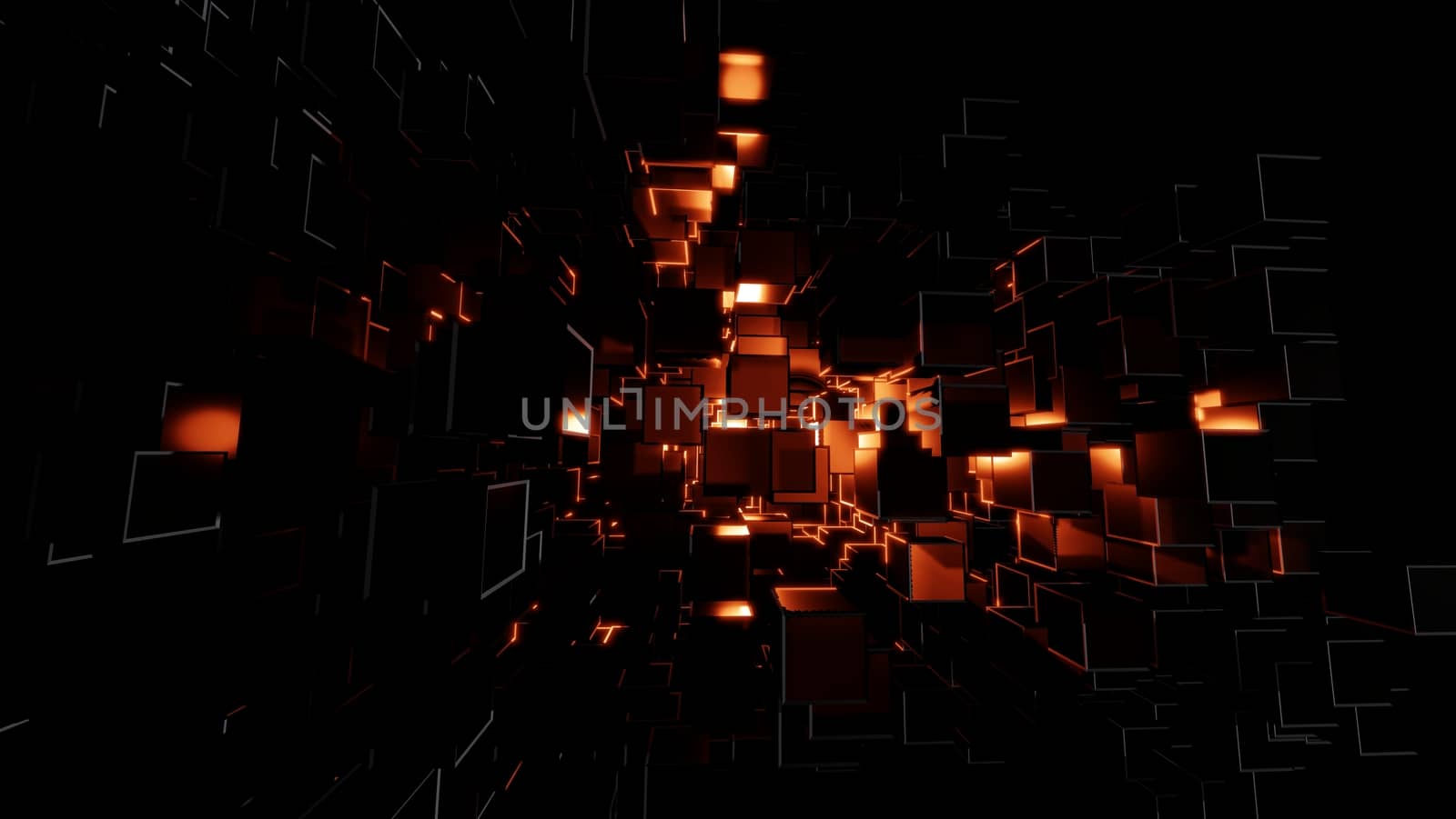 Abstract background consisting of dark cubes and bright red flashes. Visual high detail. The concept of new technologies, virtual space, the future. 3d illustration