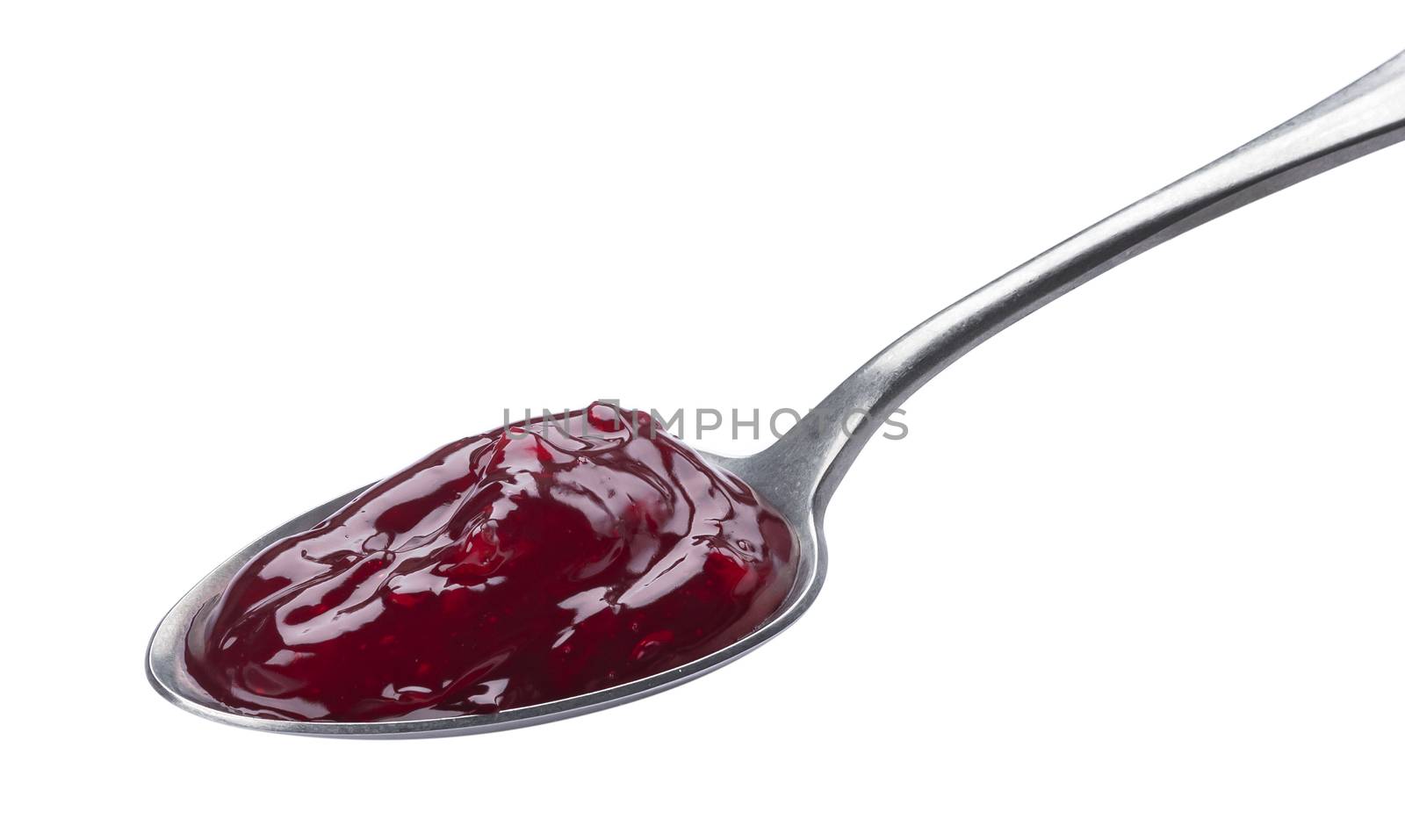 Spoon of red berry jam isolated on white background, sweet cherry jam