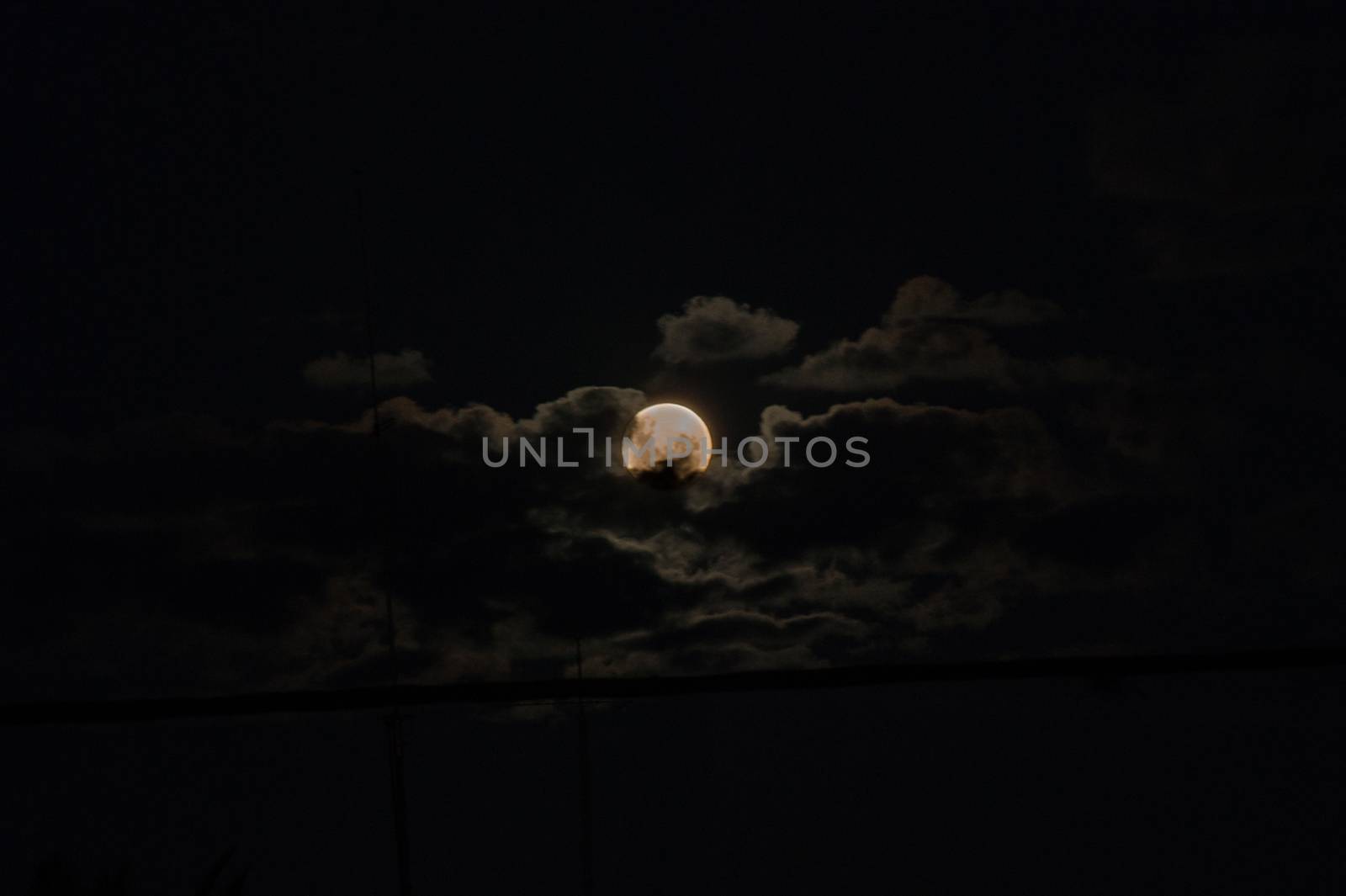 The moon behind clouds over a dark sky