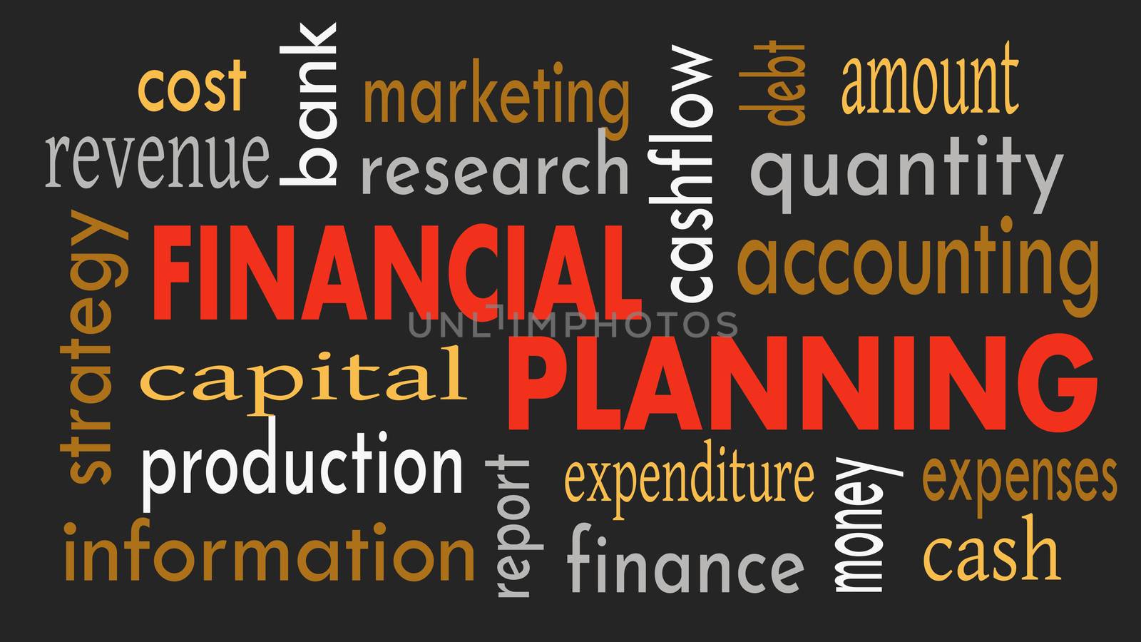 Financial planning, word cloud concept on dark background. Illus by dacasdo