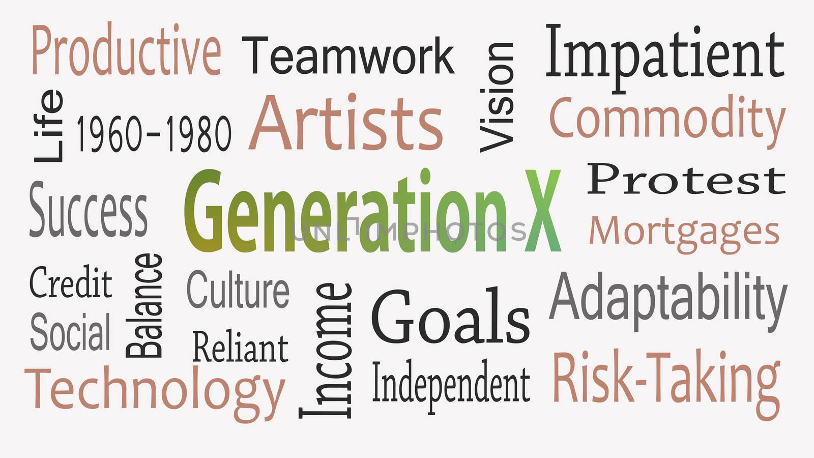Generation X word cloud concept with great terms such as now by dacasdo