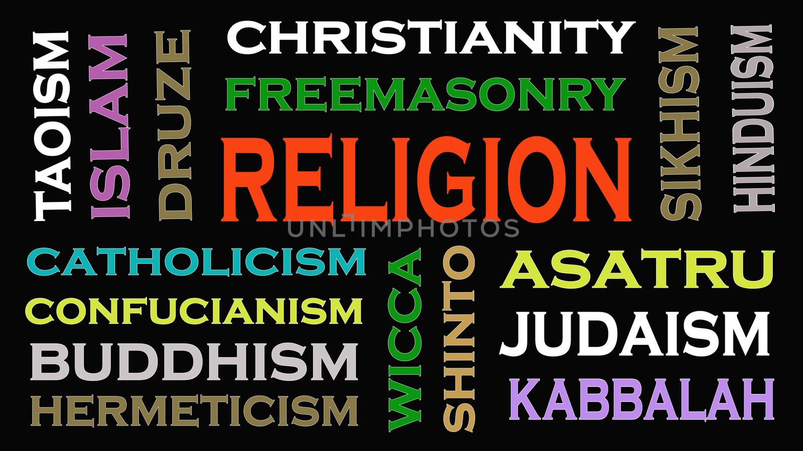 Religion concept word cloud on black background.