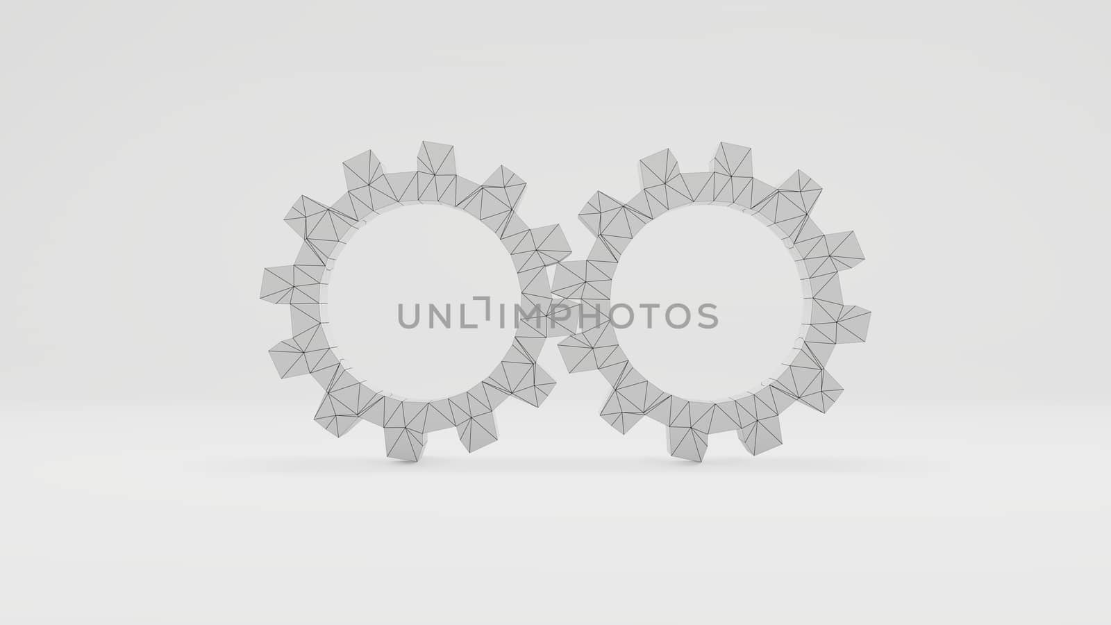 Two 3d gears with a wire-frame texture in a white photo studio. 3d illustration. Concept background for your design