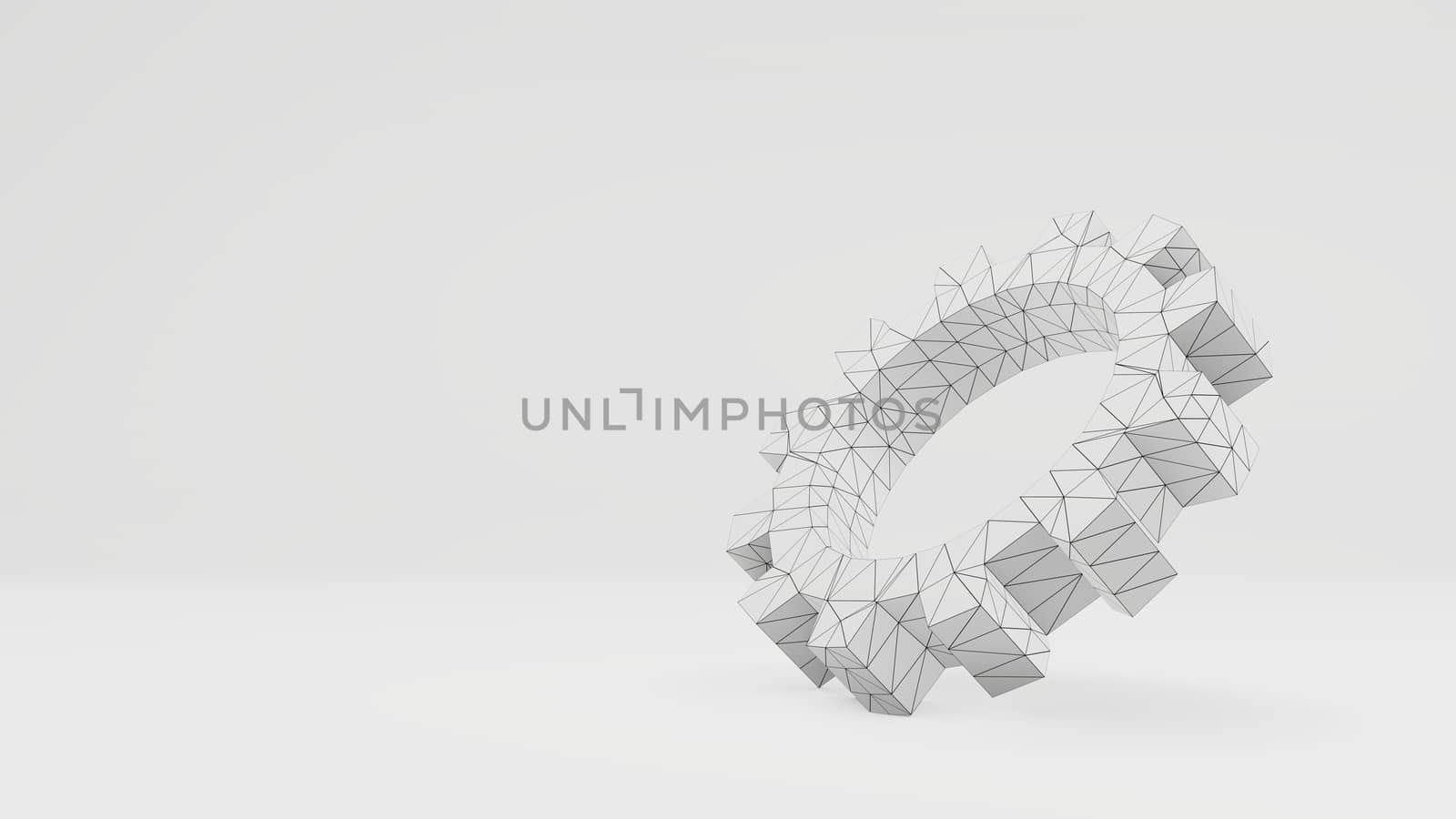 3d gear with a wire-frame texture in a white photo studio. 3d illustration. Concept background for your design