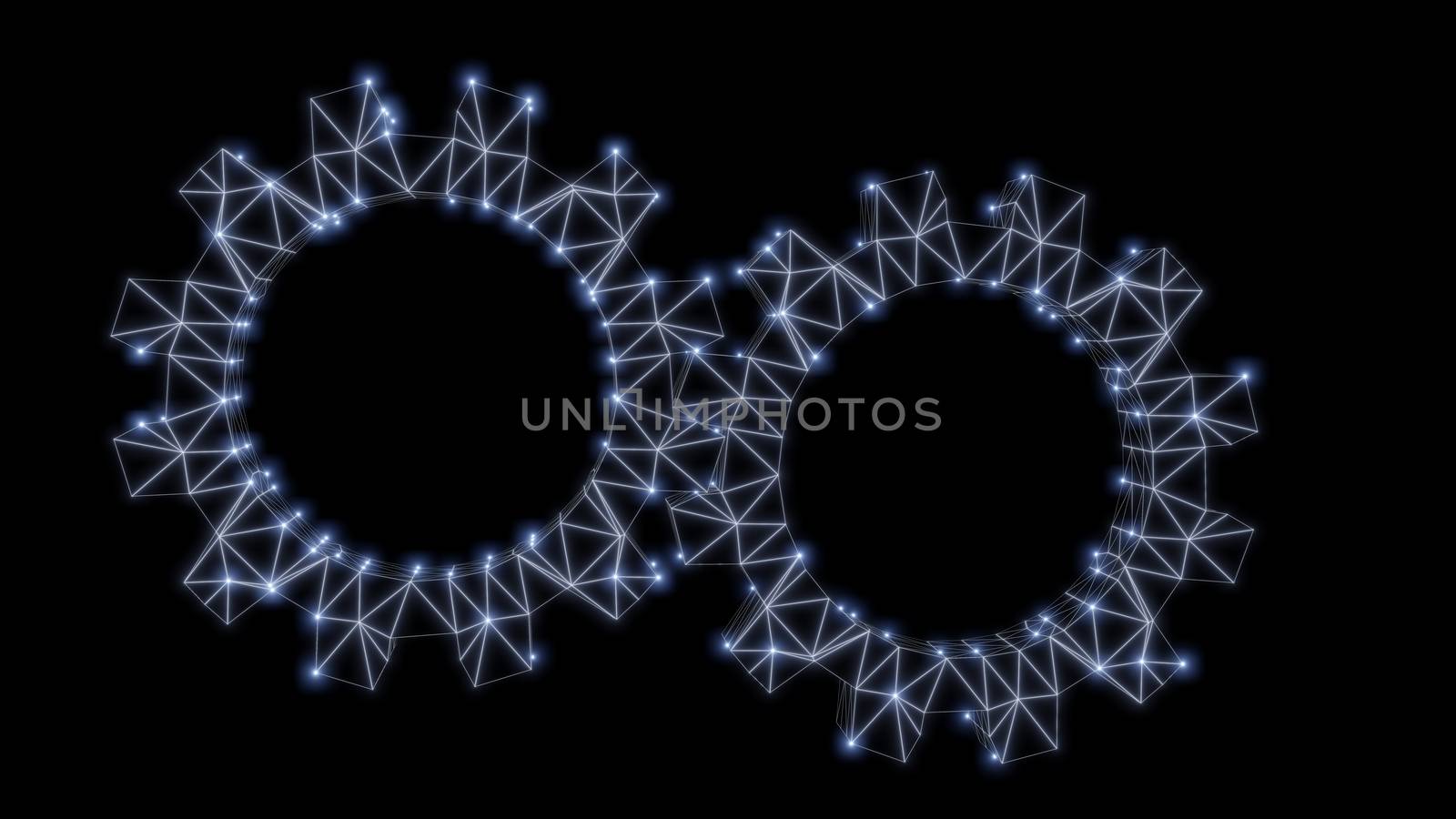 Wire-frame gear with luminous dots. 3d illustration. Abstract background