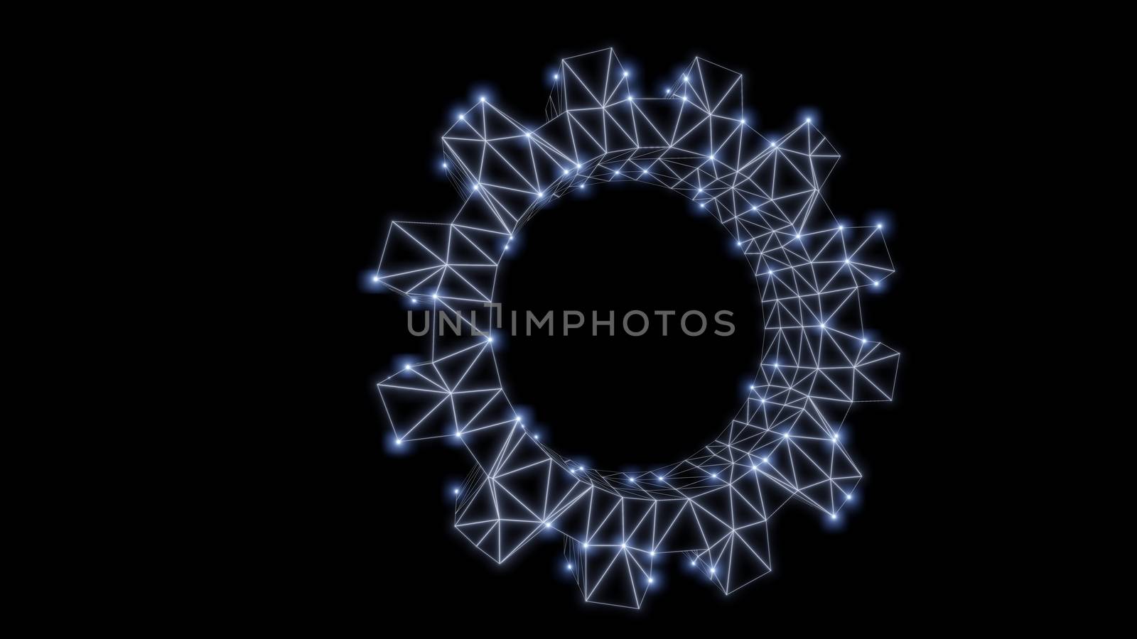 Wire-frame gear with luminous dots. 3d illustration. Abstract background