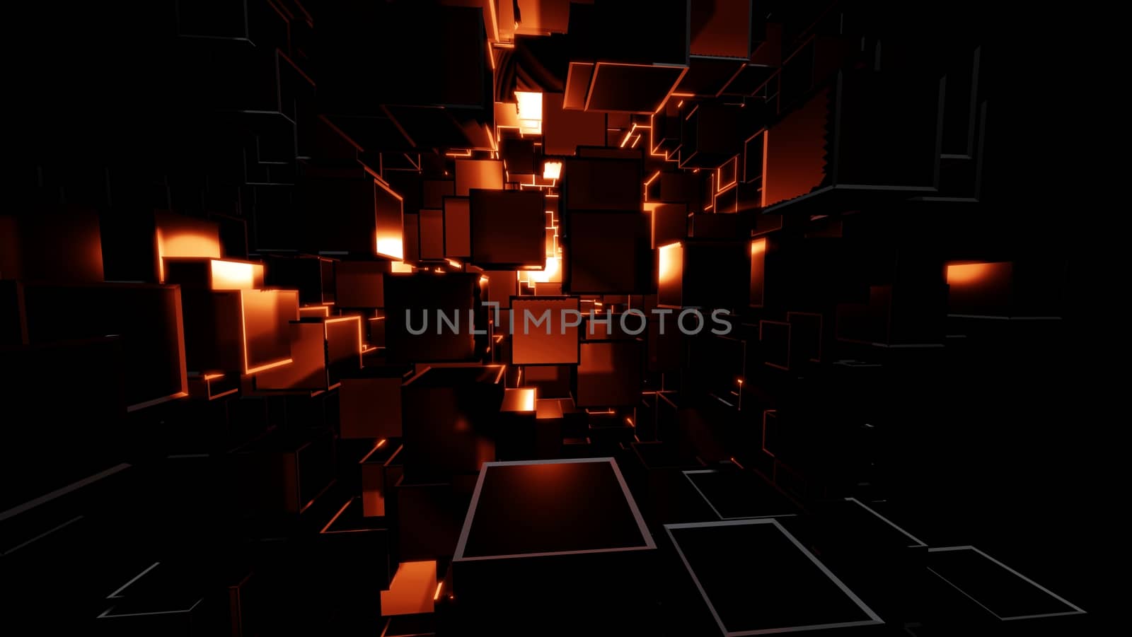 Abstract background consisting of dark cubes and bright red flashes. Visual high detail. The concept of new technologies, virtual space, the future. 3d illustration