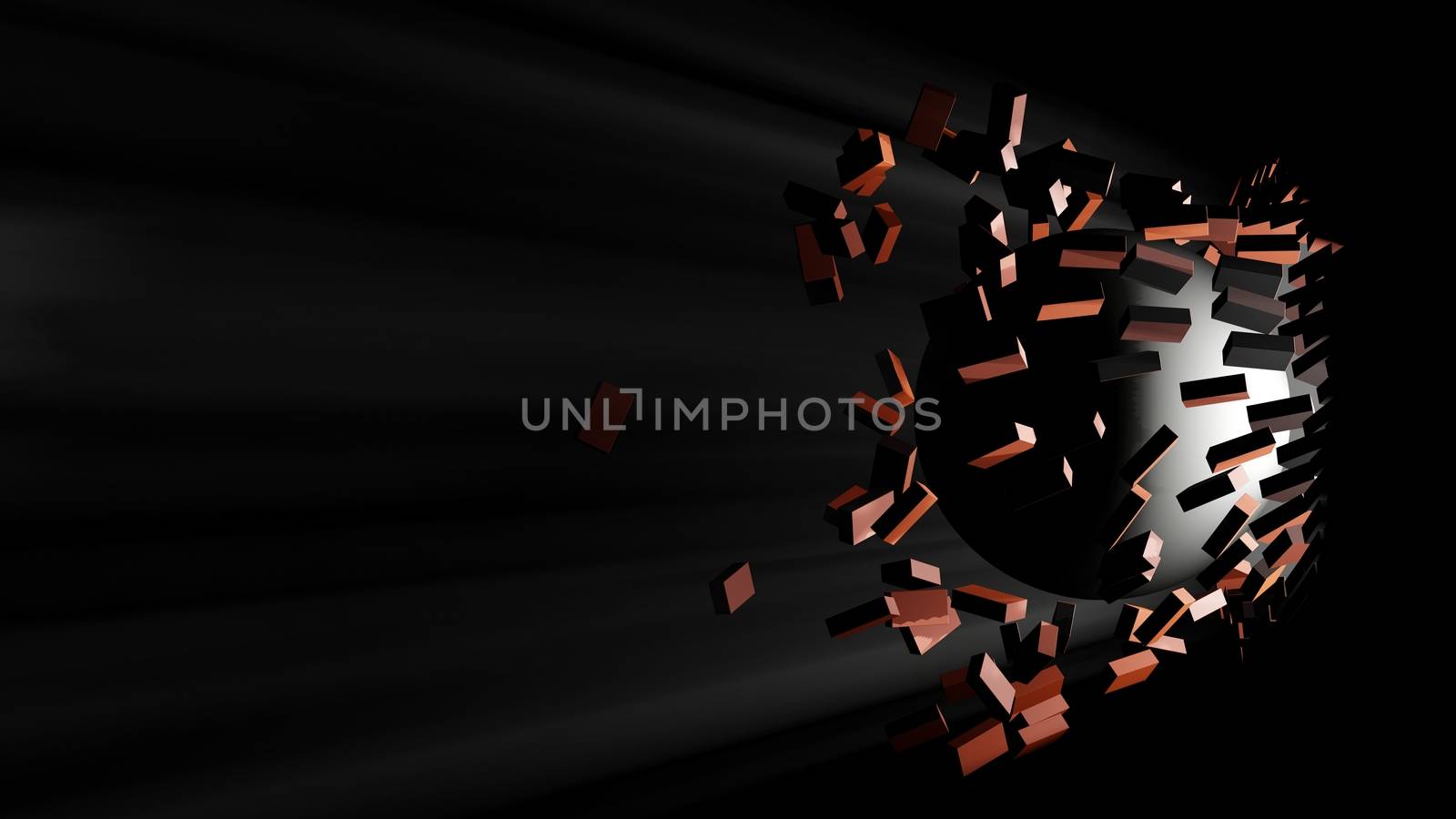 A large black ball smashed a brick wall. Visible light from the hole. 3d illustration. The concept of breaking down barriers, overcoming difficulties and success.