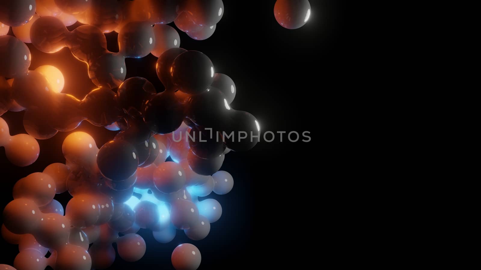 White chaotic spheres and flashes of red and blue light. Abstract 3d illustration for your design