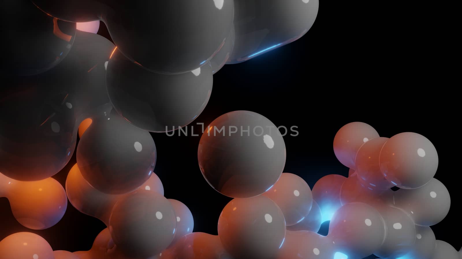 White chaotic spheres and flashes of red and blue light. Abstract 3d illustration for your design