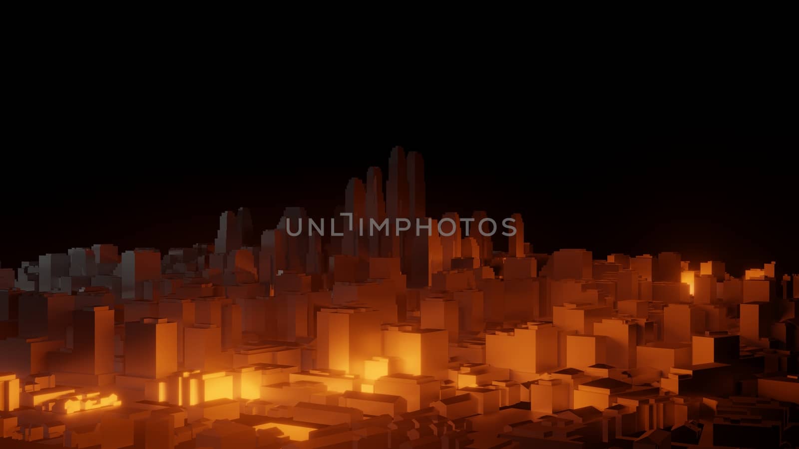 3d city with bright red flashes on a dark background by cherezoff