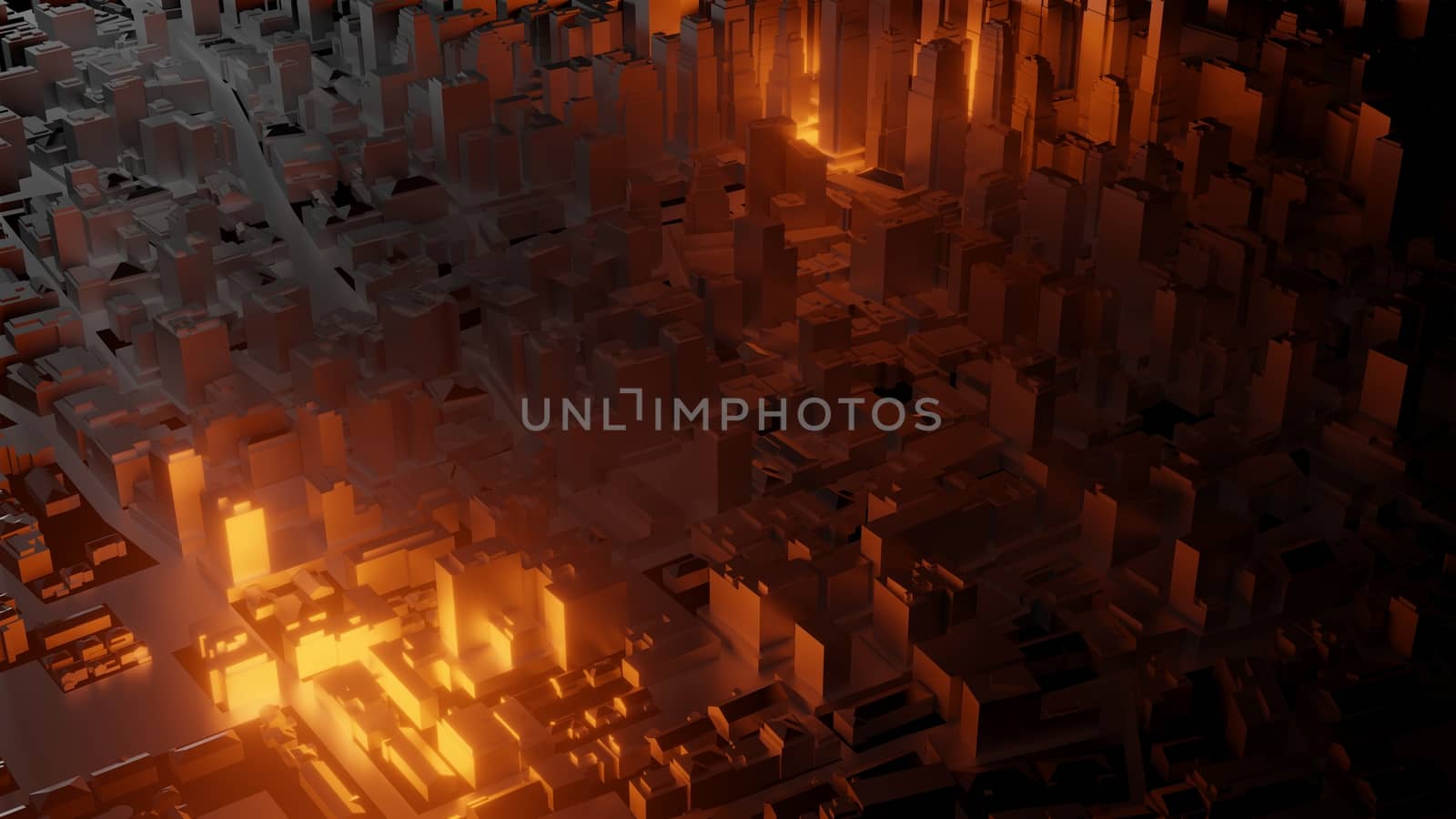 3d city with bright red flashes on a dark background by cherezoff