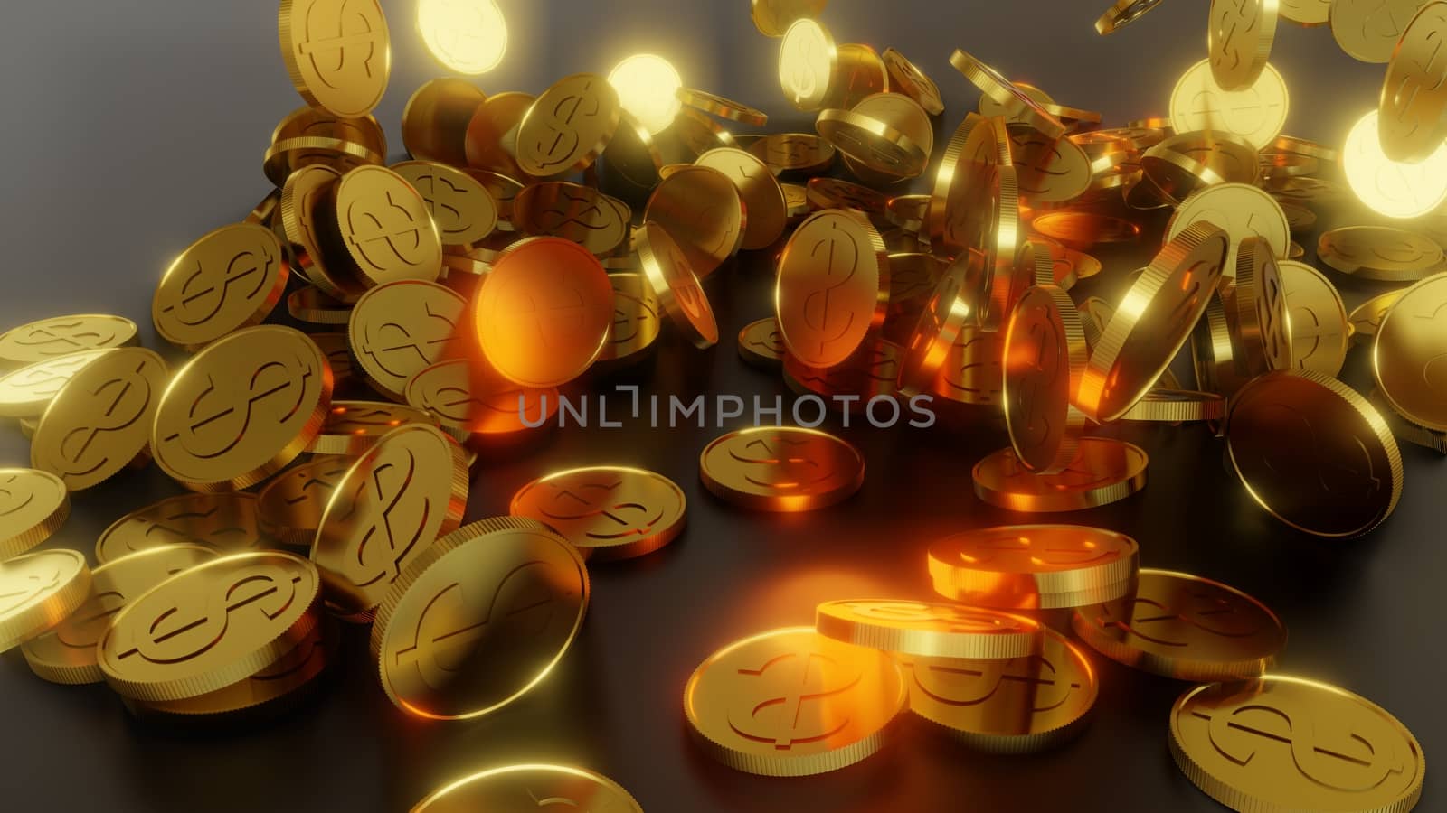 Falling gold coins. The concept of success, making money, winning. 3d illustration