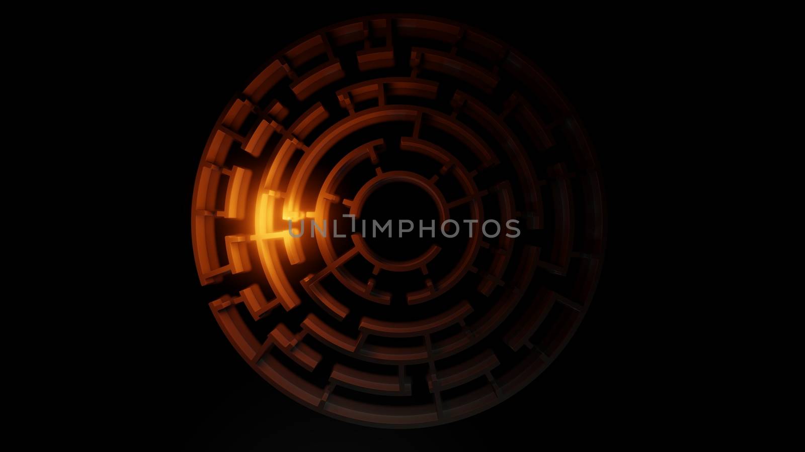 3D circular maze with a bright red flash on a dark background. Business concept. 3d illustration. Top view